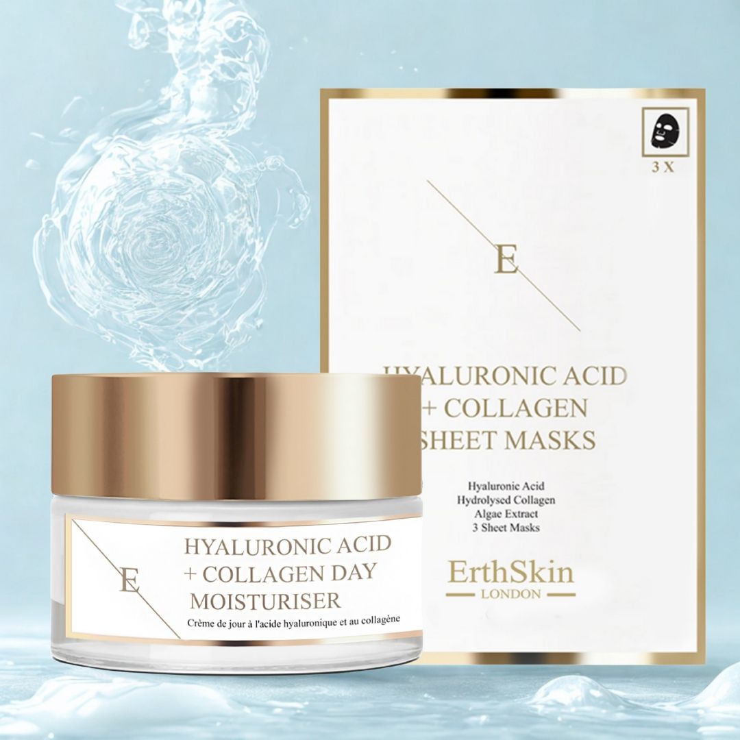 Pot de crème de jour avec couvercle doré et boîte de masques faciaux. Inscription : Acide hyaluronique + collagène. Marque : ErthSkin London. Effet d'eau en arrière-plan.