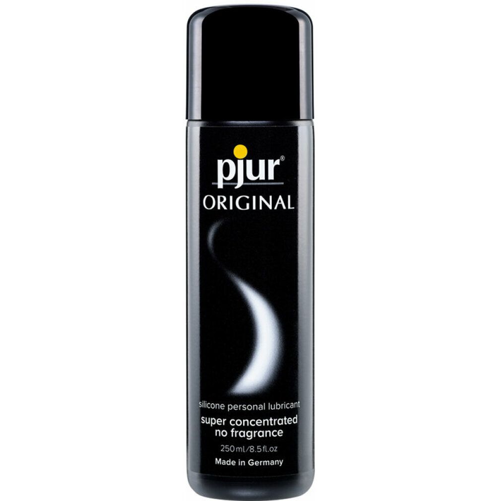 Flacon noir avec logo jaune "pjur ORIGINAL". Texte: SILICONE personal lubricant, super concentrated no fragrance, 250ml/8.5 fl.oz, Made in Germany.