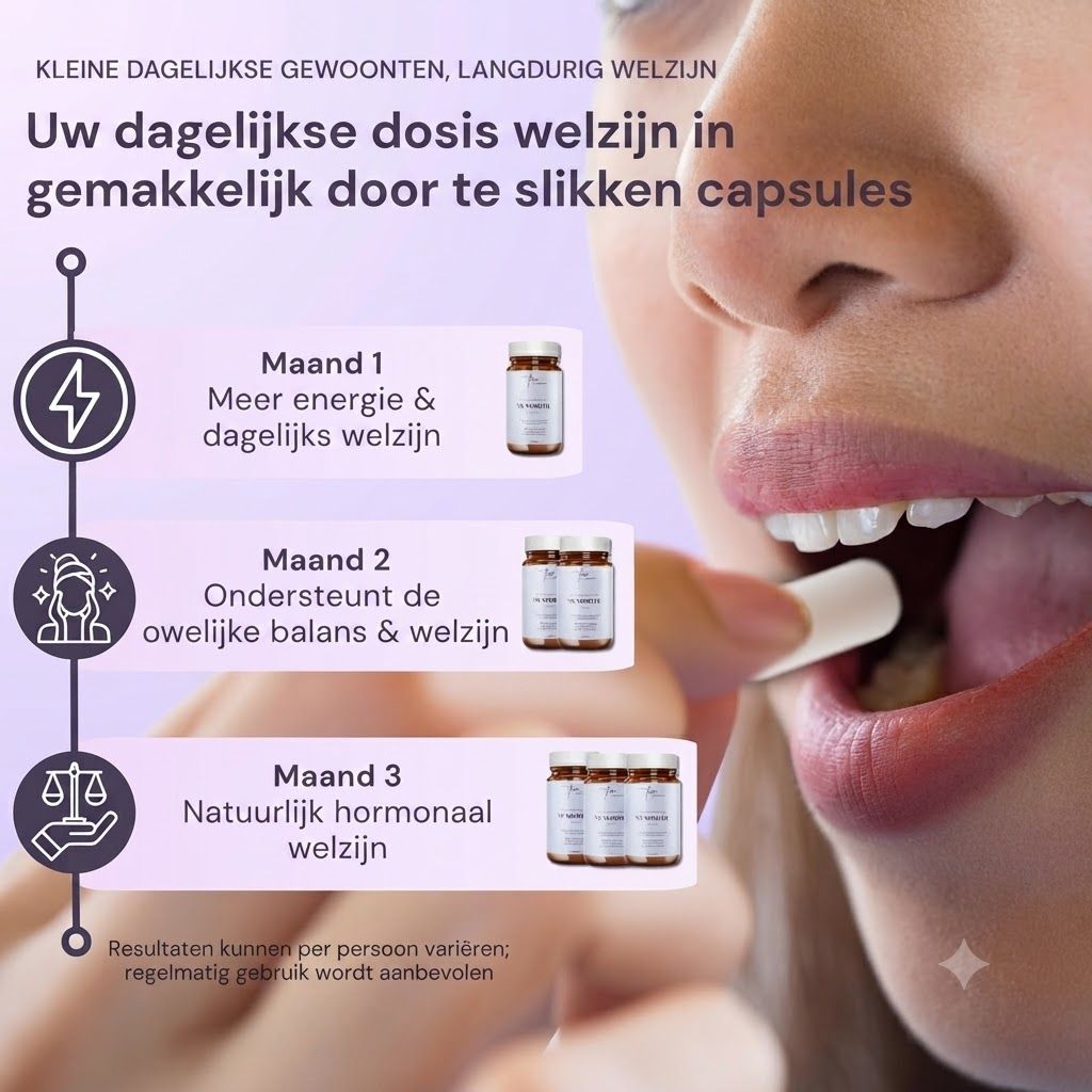 Drie flesjes met capsules die een vrouw inneemt. Tekst beschrijft maandelijkse voordelen.