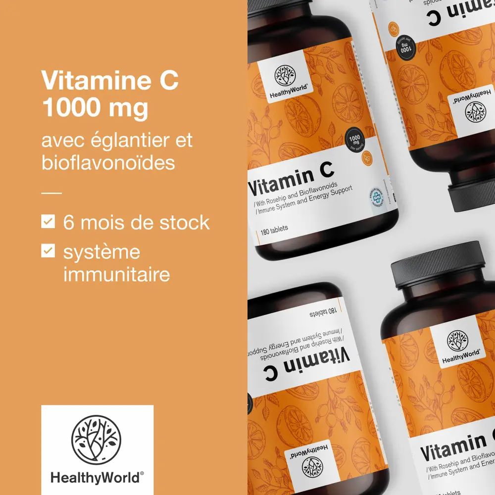 Plusieurs flacons de vitamine C. Inscription : Vitamine C 1000 mg avec églantier et bioflavonoïdes. 6 mois de stock. Système immunitaire.