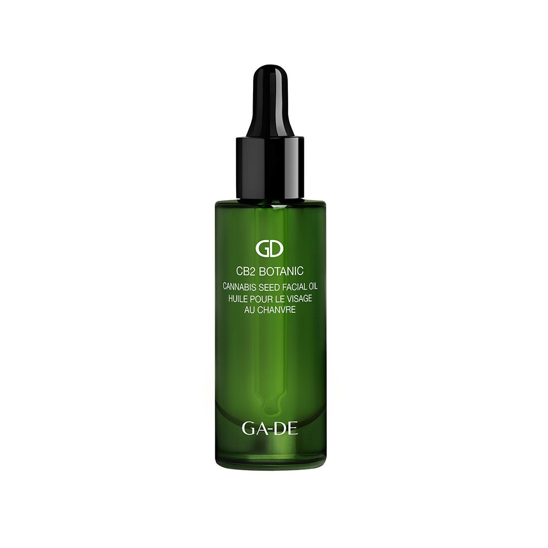 Flacon en verre vert avec compte-gouttes noir. Inscription: CB2 Botanic Cannabis Seed Facial Oil. Marque: GA-DE.