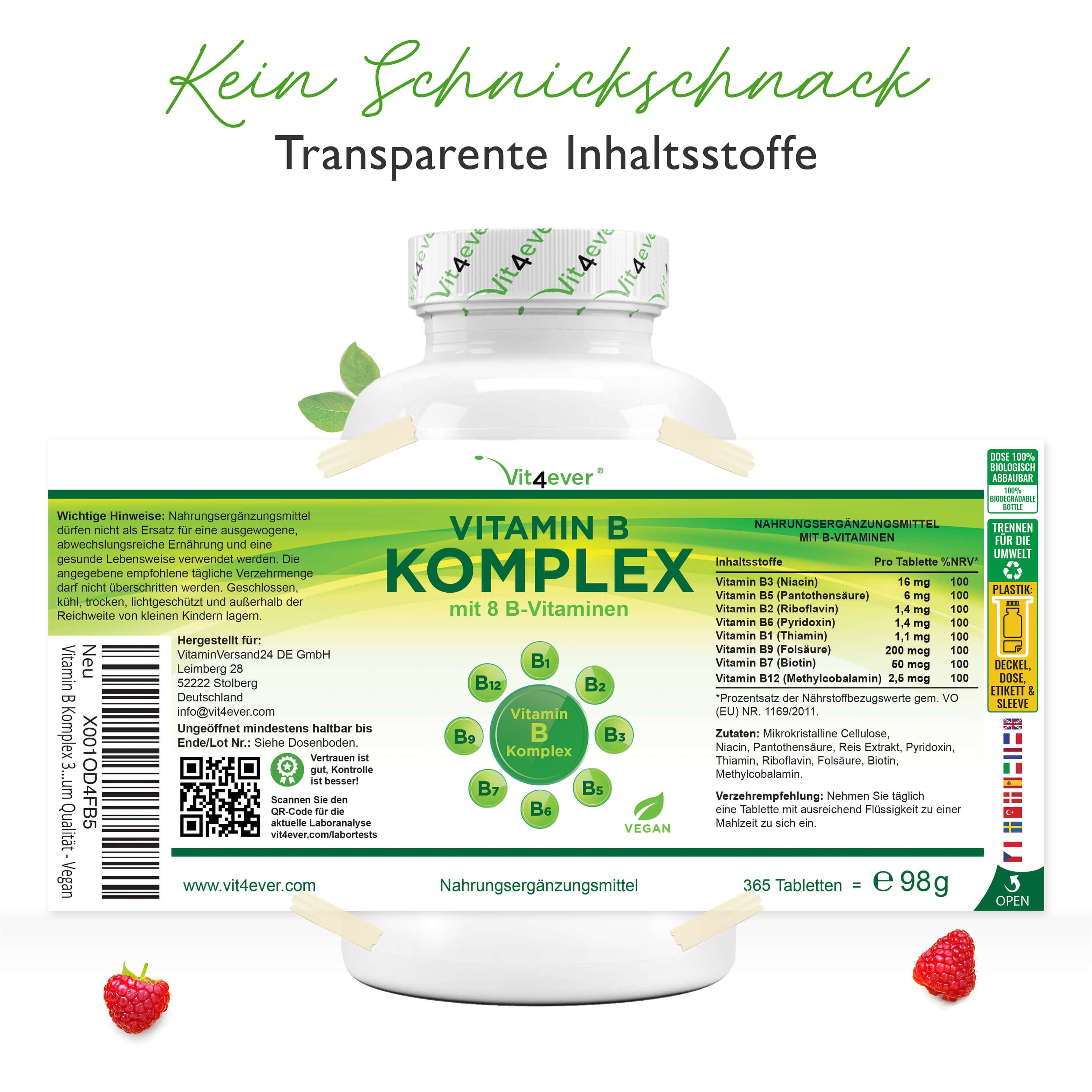 Étiquette du produit avec informations. Inscription : Vitamin B Komplex mit 8 B-Vitaminen. 365 comprimés. Ingrédients. Logo Vit4ever. Végétalien. Complément alimentaire.