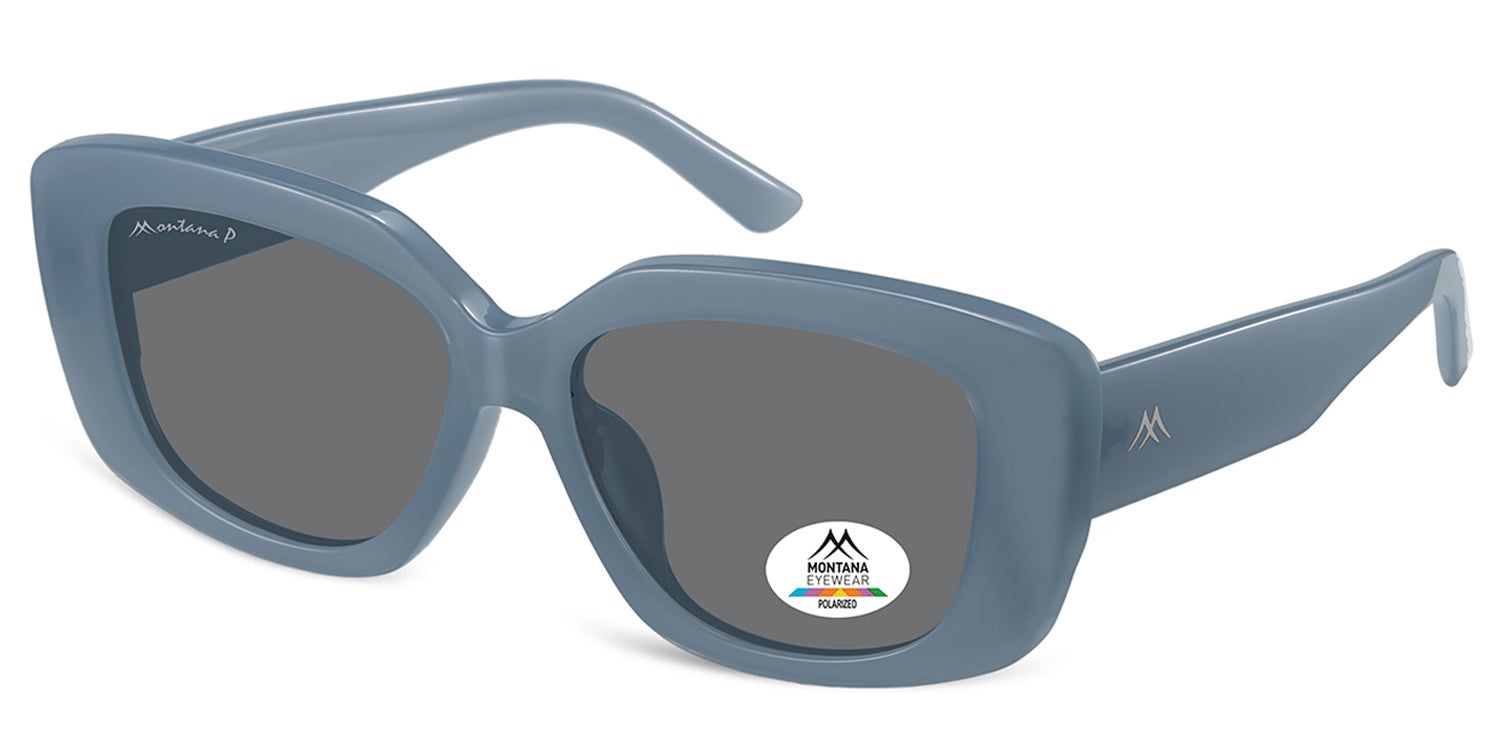 Lunettes de soleil bleues, vue latérale. "Montana" sur la branche gauche. Autocollant avec logo et "Polarized" sur le verre droit.
