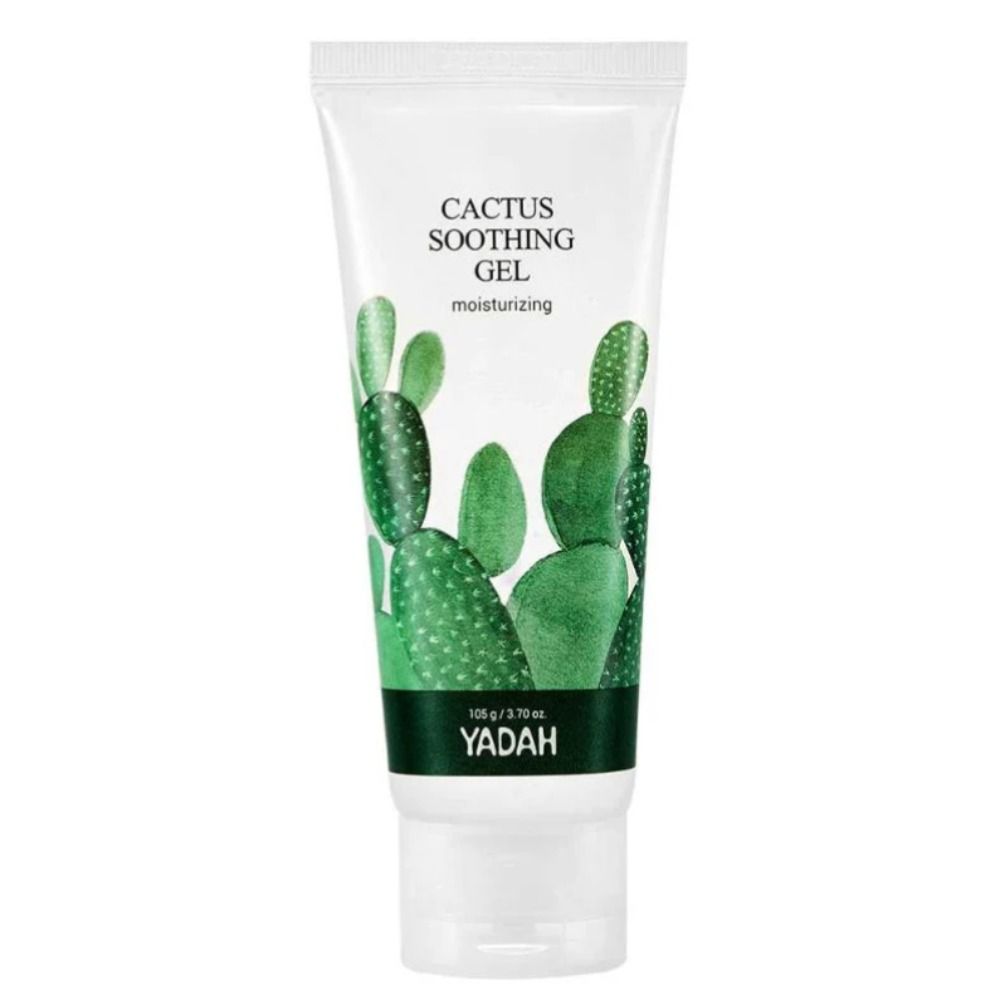 Tube blanche avec motif cactus vert. Inscription: Cactus Soothing Gel, moisturizing. Marque: YADAH. Partie inférieure: 100 g / 3.70 oz.