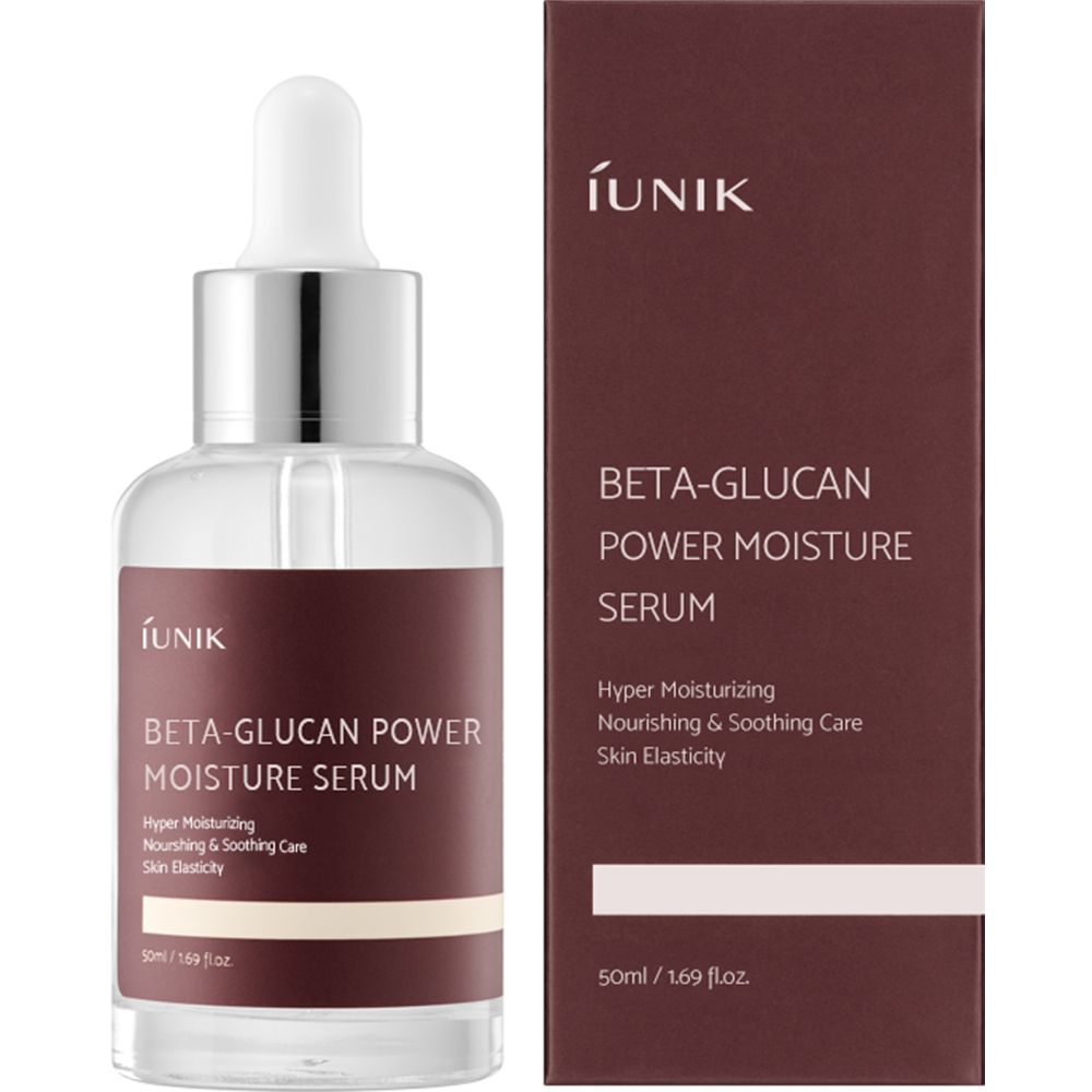 Flacon de sérum et emballage. Flacon avec pipette, étiquette marron avec texte: iUNIK, Beta-Glucan Power Moisture Serum. Emballage avec texte.
