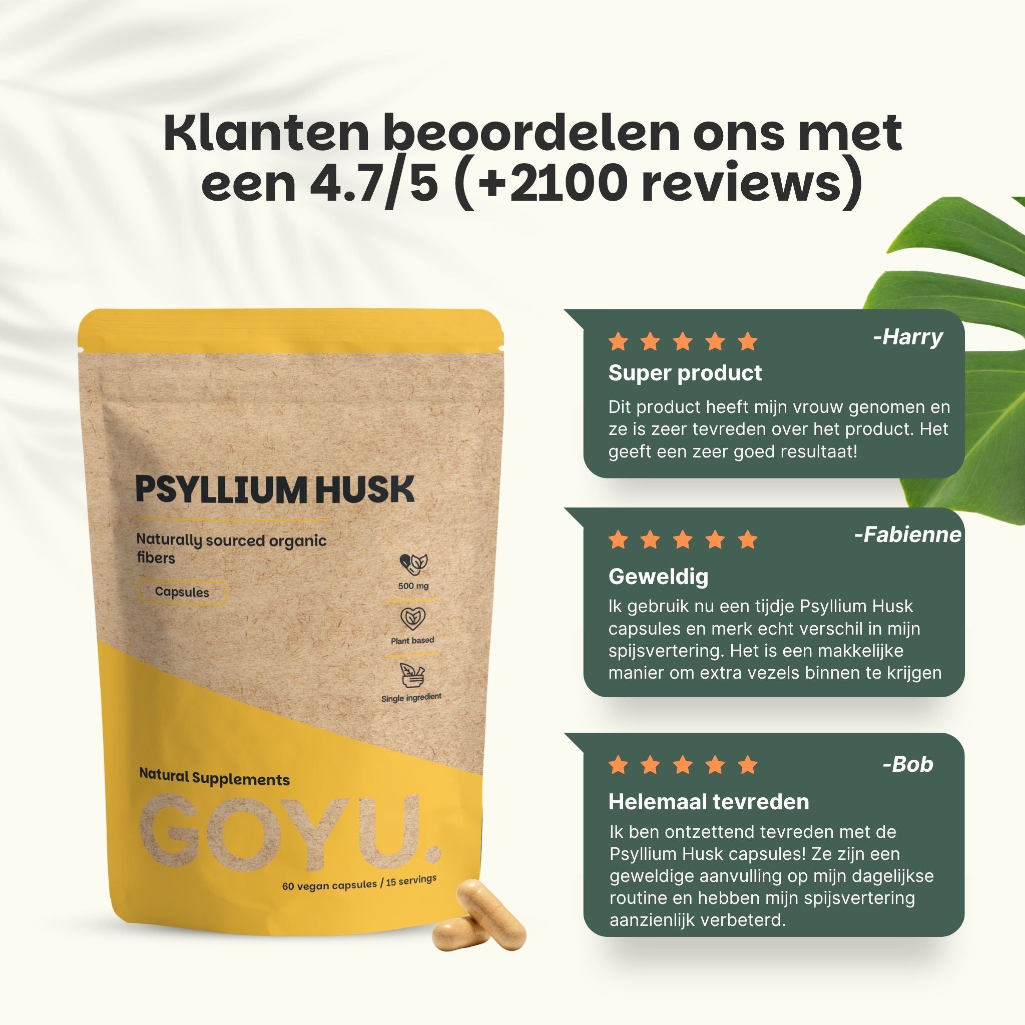 Pak psyllium husks capsules, 500 mg, biologisch, met informatie over vezels.