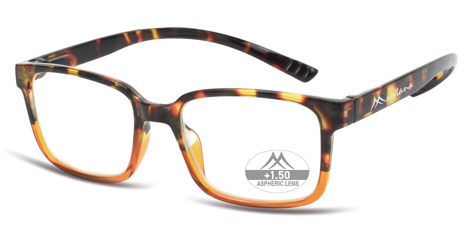 Lunettes à monture marron et jaune, verres rectangulaires. "+1.50 Aspheric Lens" sur un verre.