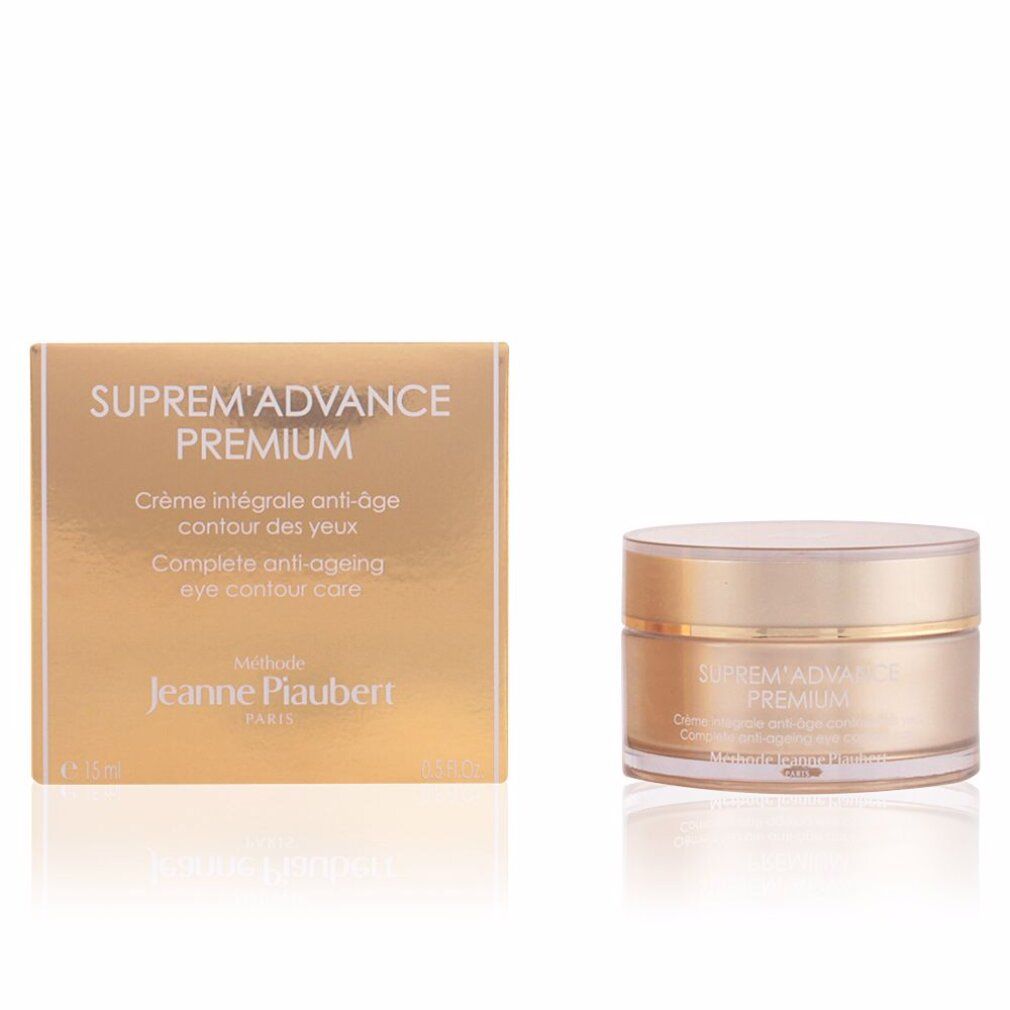 Gouden crème pot en doos. Opschrift: Suprem'Advance Premium, Crème intégrale anti-âge contour des yeux. Merk: Jeanne Piaubert.