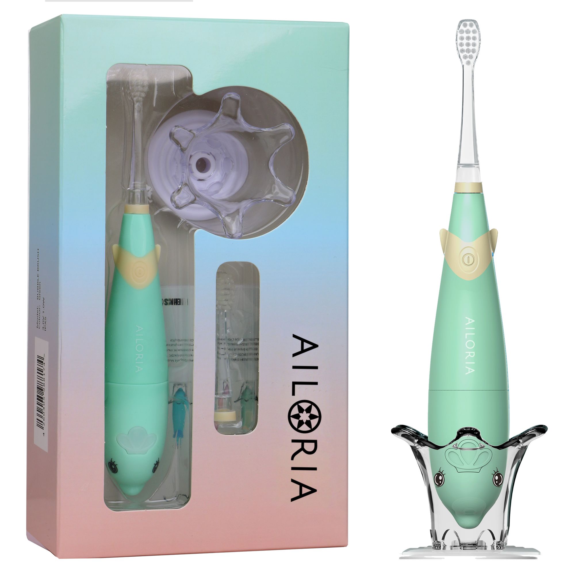 Brosse à dents dans son emballage. Brosse à dents électrique verte avec support.