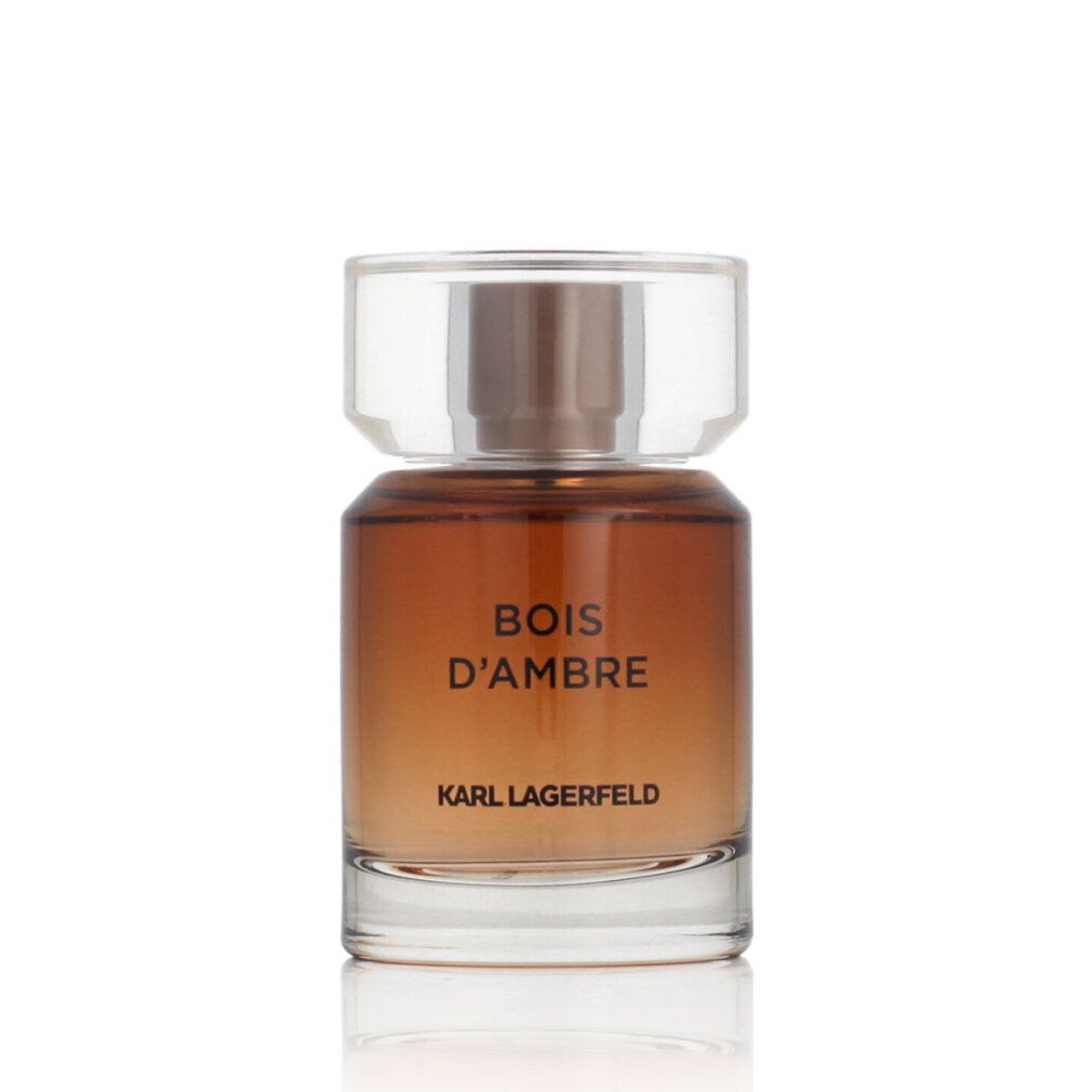 Parfumfles met transparante dop. Opschrift: Bois d'Ambre, Karl Lagerfeld. Amberkleurige vloeistof.