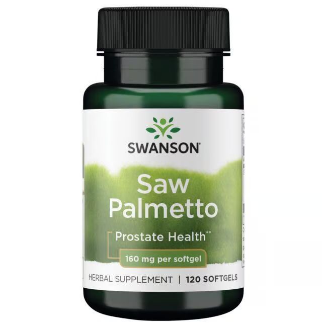 Flacon vert avec bouchon noir. Inscription: SWANSON, Saw Palmetto, 160 mg par gélule, 120 gélules.