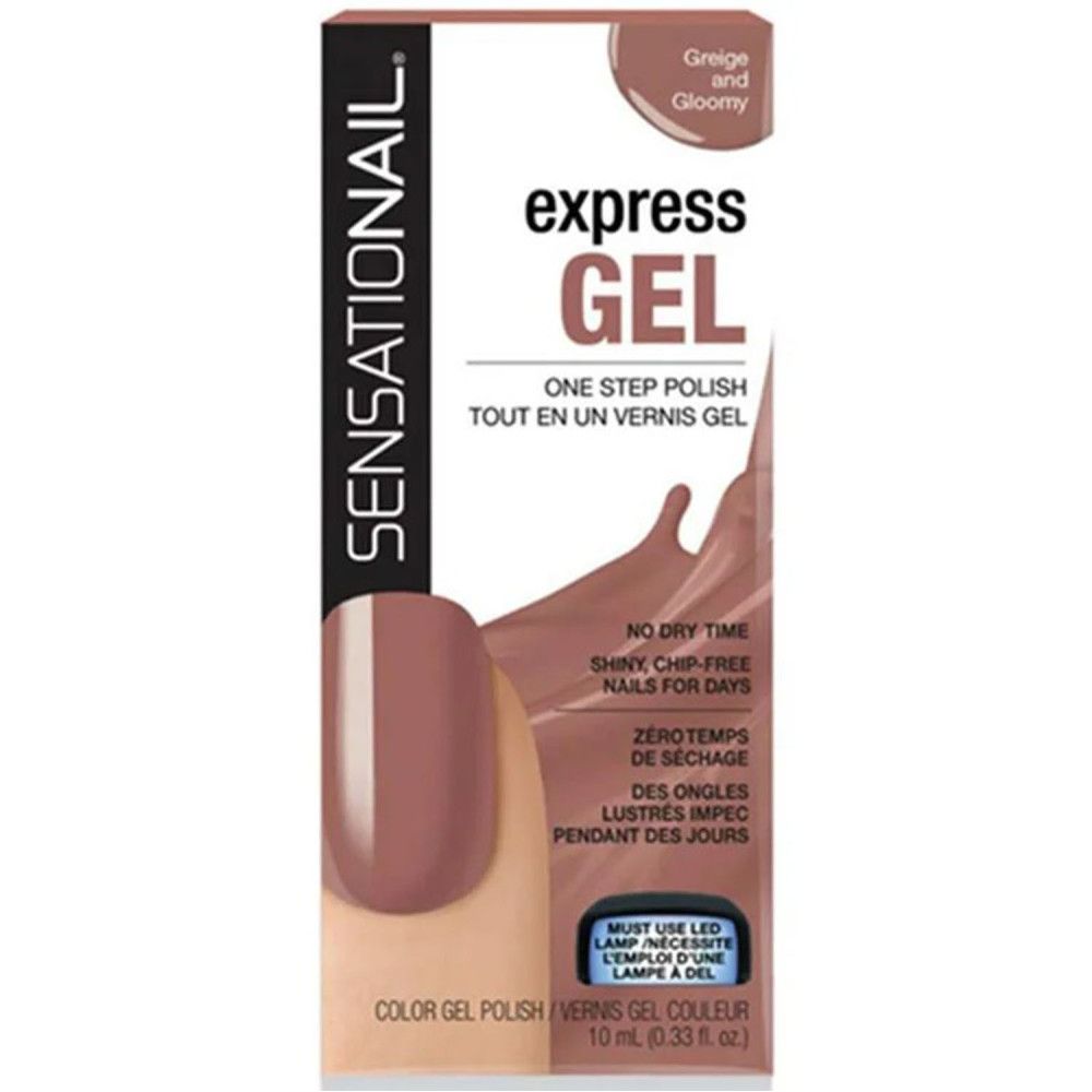 Emballage de vernis à ongles. Nom du produit : express GEL. Couleur : Greige and Gloomy. Caractéristiques : sans temps de séchage, brillant, sans éclats. 10 ml.