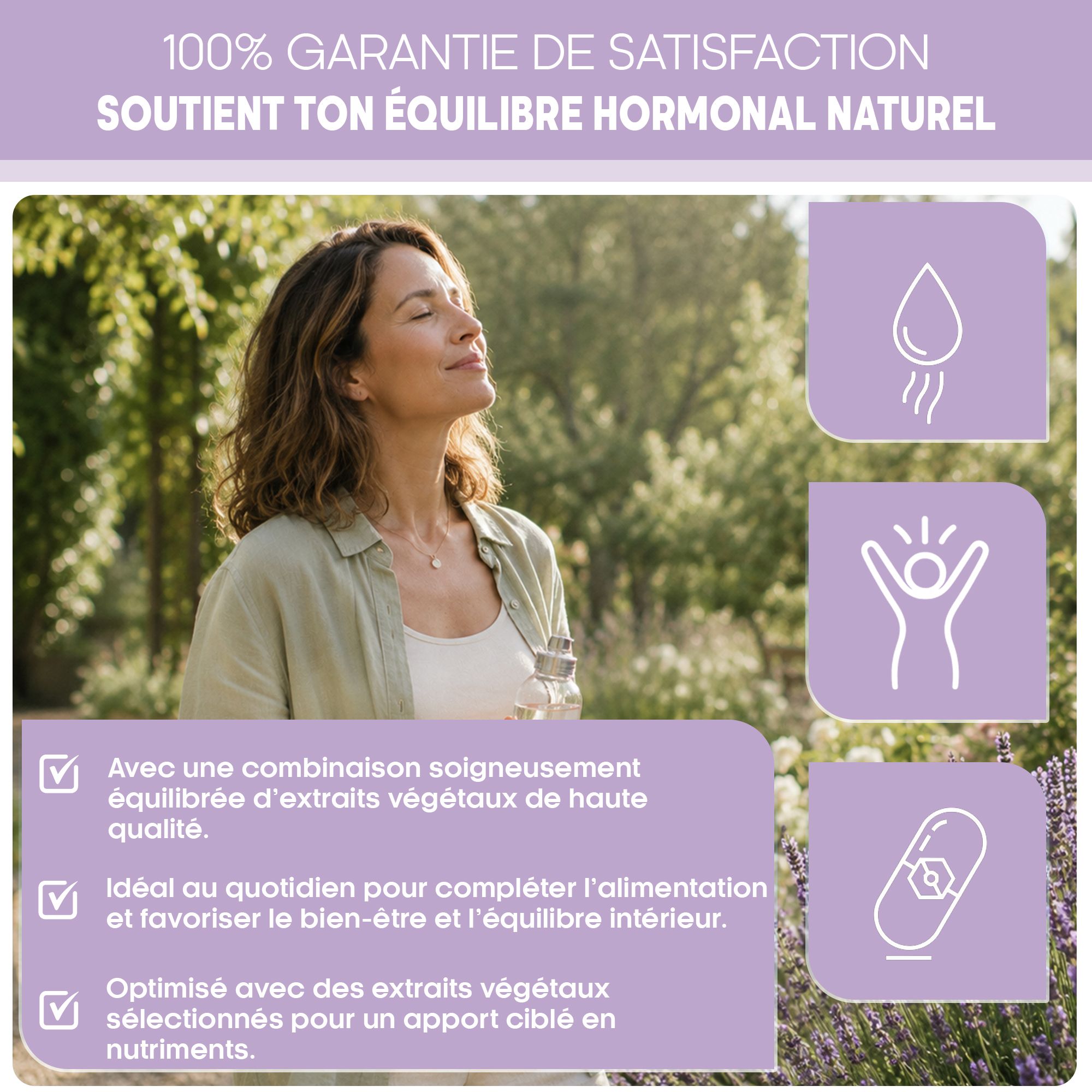 Femme dans la nature, soutenue par Hormon Balance. Pour le bien-être et l'équilibre intérieur.