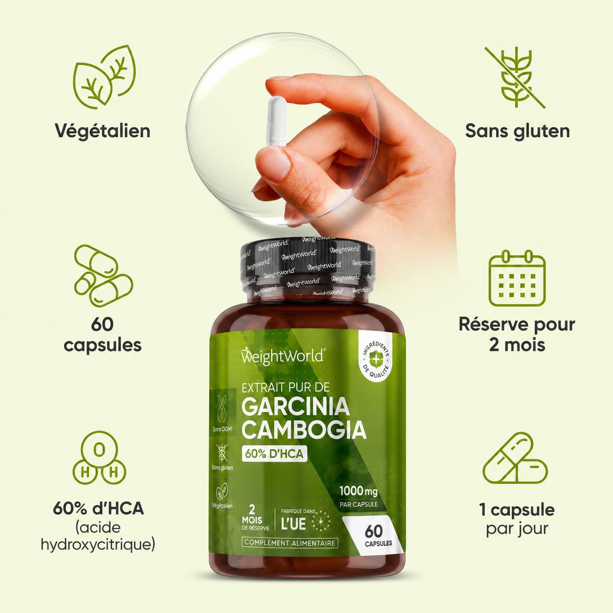 WeightWorld Garcinia Cambogia : flacon, 1000mg, 60 gélules, vegan, sans gluten, UE.
