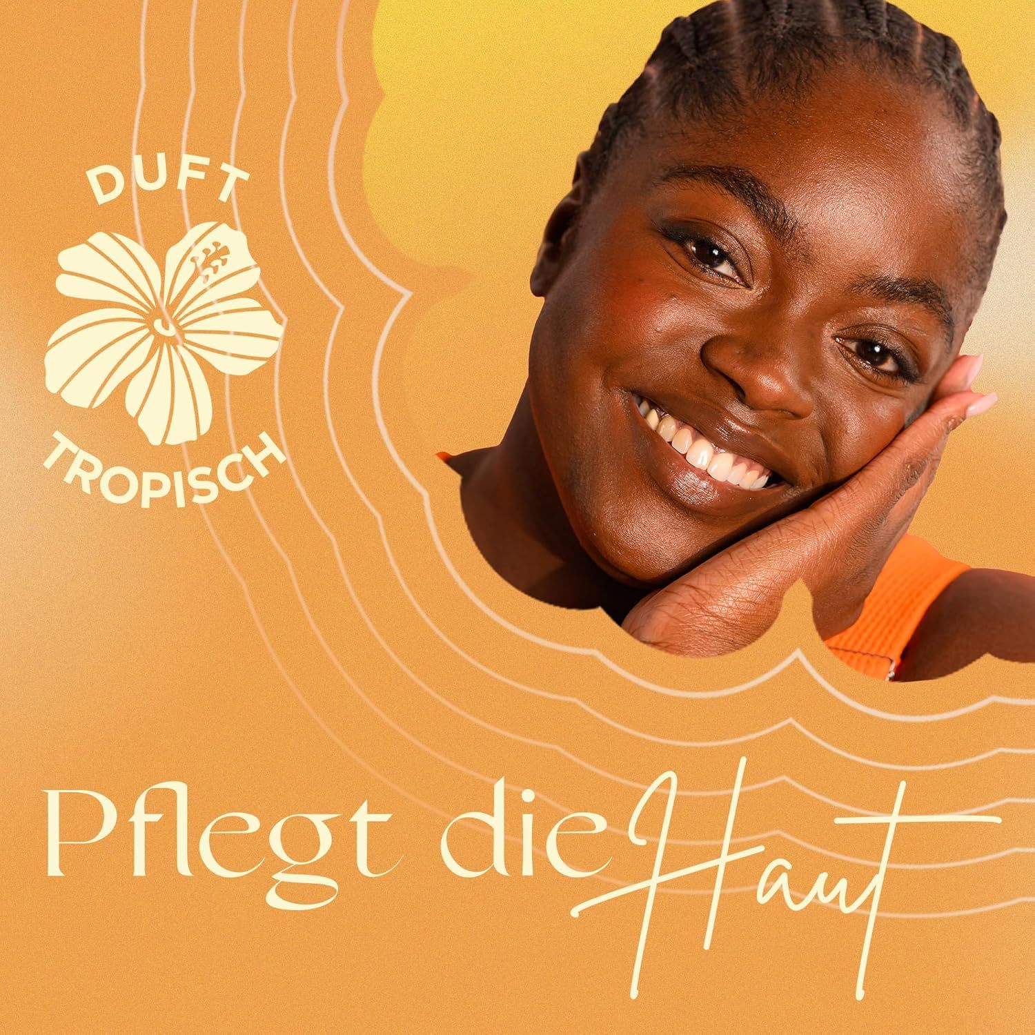 Lachende vrouw. Tekst: Tropische geur, hydrateert de huid.