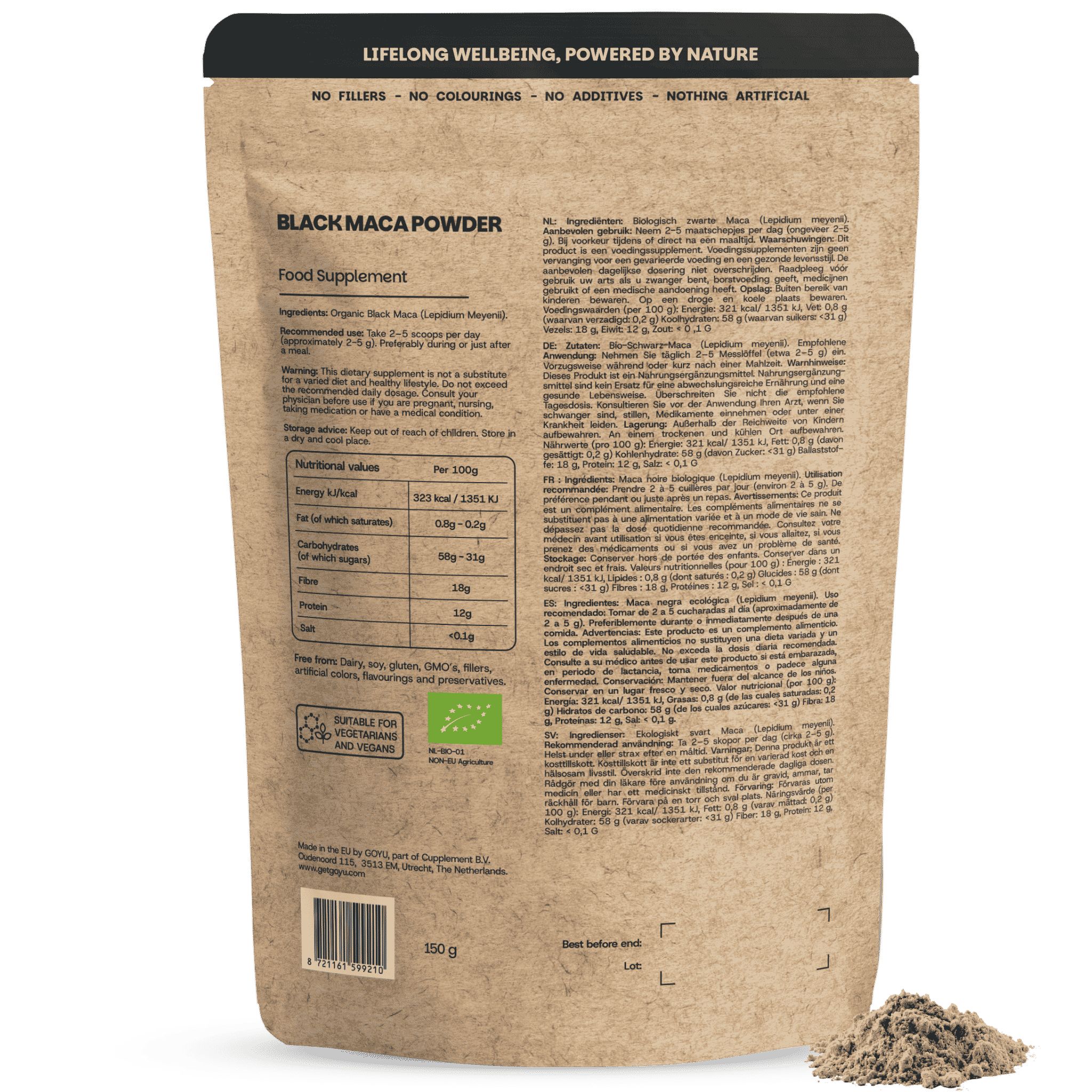 Sachet en papier brun contenant de la poudre de maca noire, des informations nutritionnelles et un label bio.