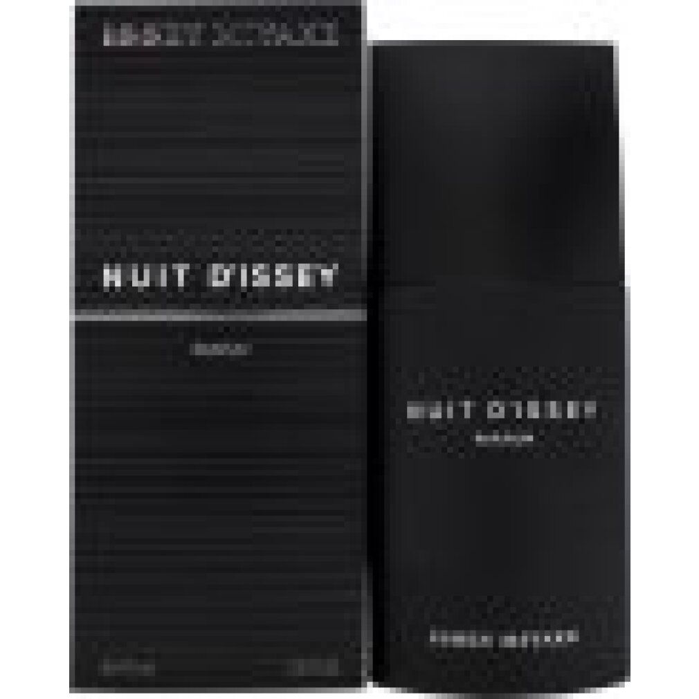 Zwarte fles en verpakking. Nuit d'Issey Parfum-opschrift. Issey Miyake-logo. Verticale, gegroefde textuur.