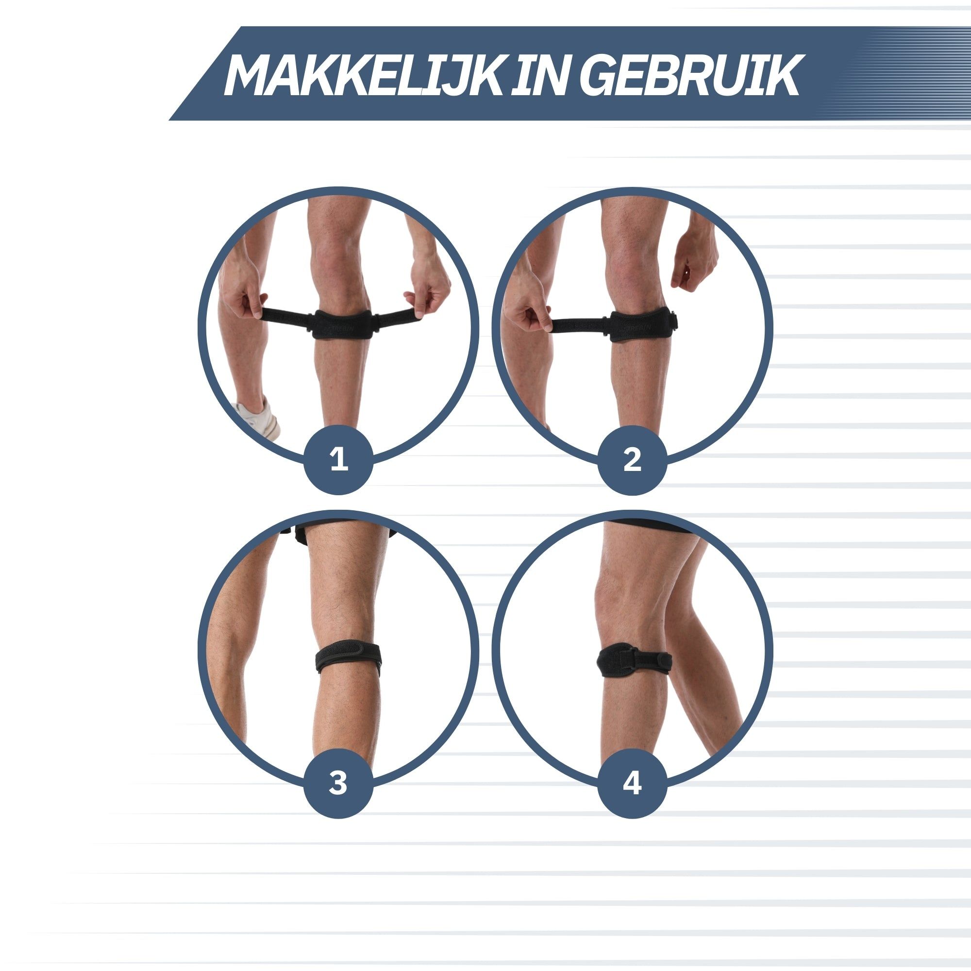 Instructies voor het dragen van een kniebrace in vier stappen. Tekst: 'MAKKELIJK IN GEBRUIK'.
