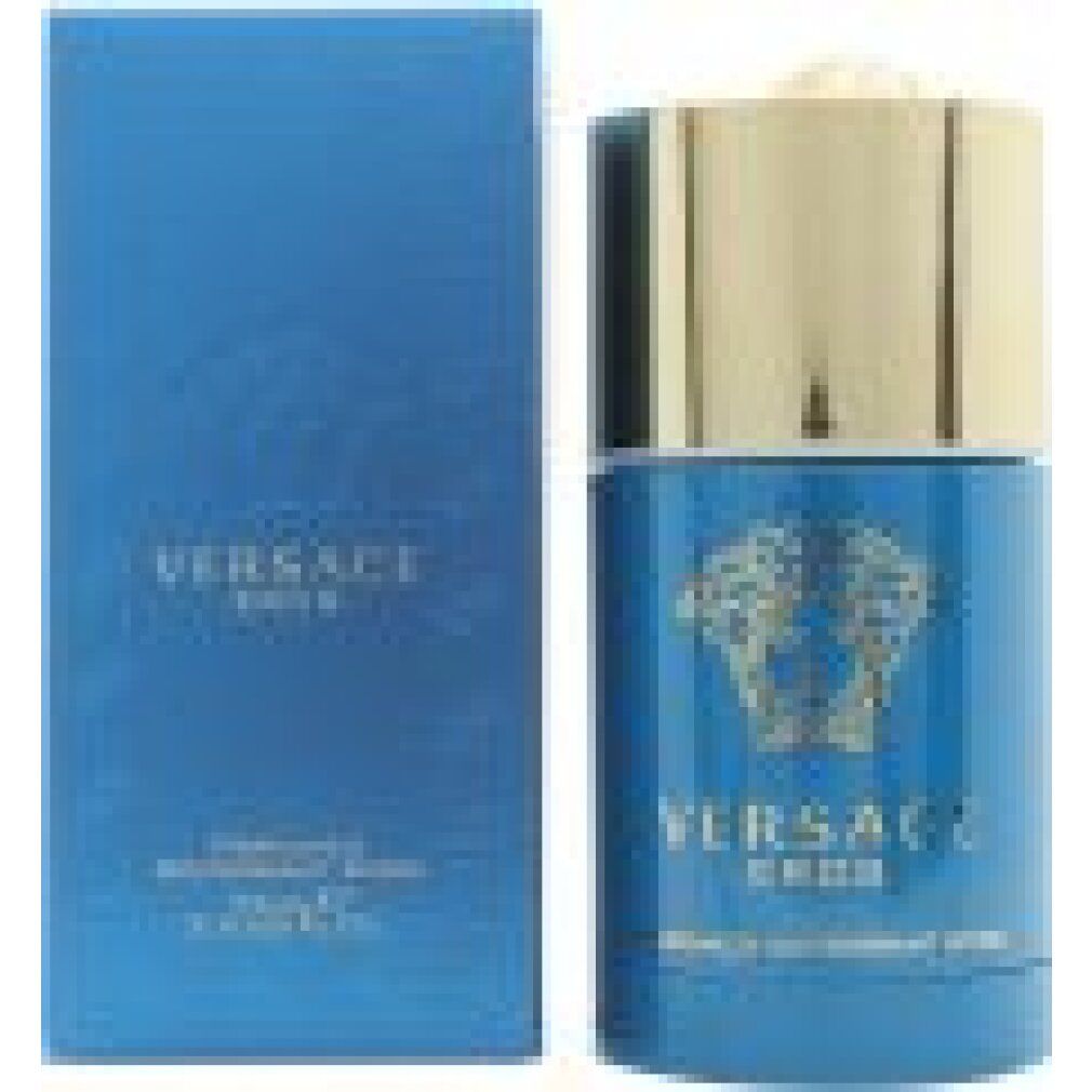 Déodorant stick Versace Eros pour homme, bleu avec capuchon doré et logo Medusa.