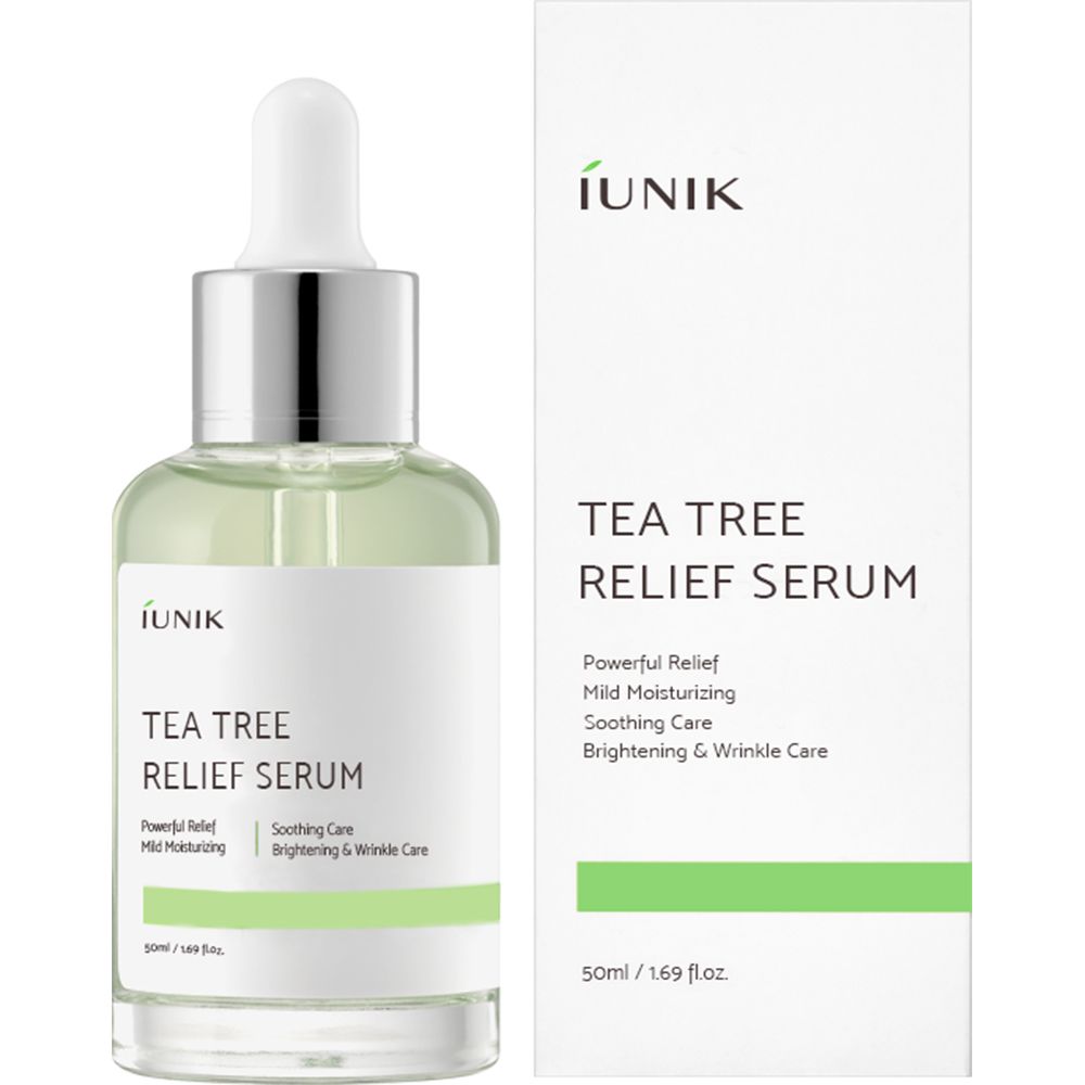 Flacon et emballage iUNIK Tea Tree Relief Serum. Étiquette blanche avec texte. Compte-gouttes. 50ml/1.69 fl.oz.