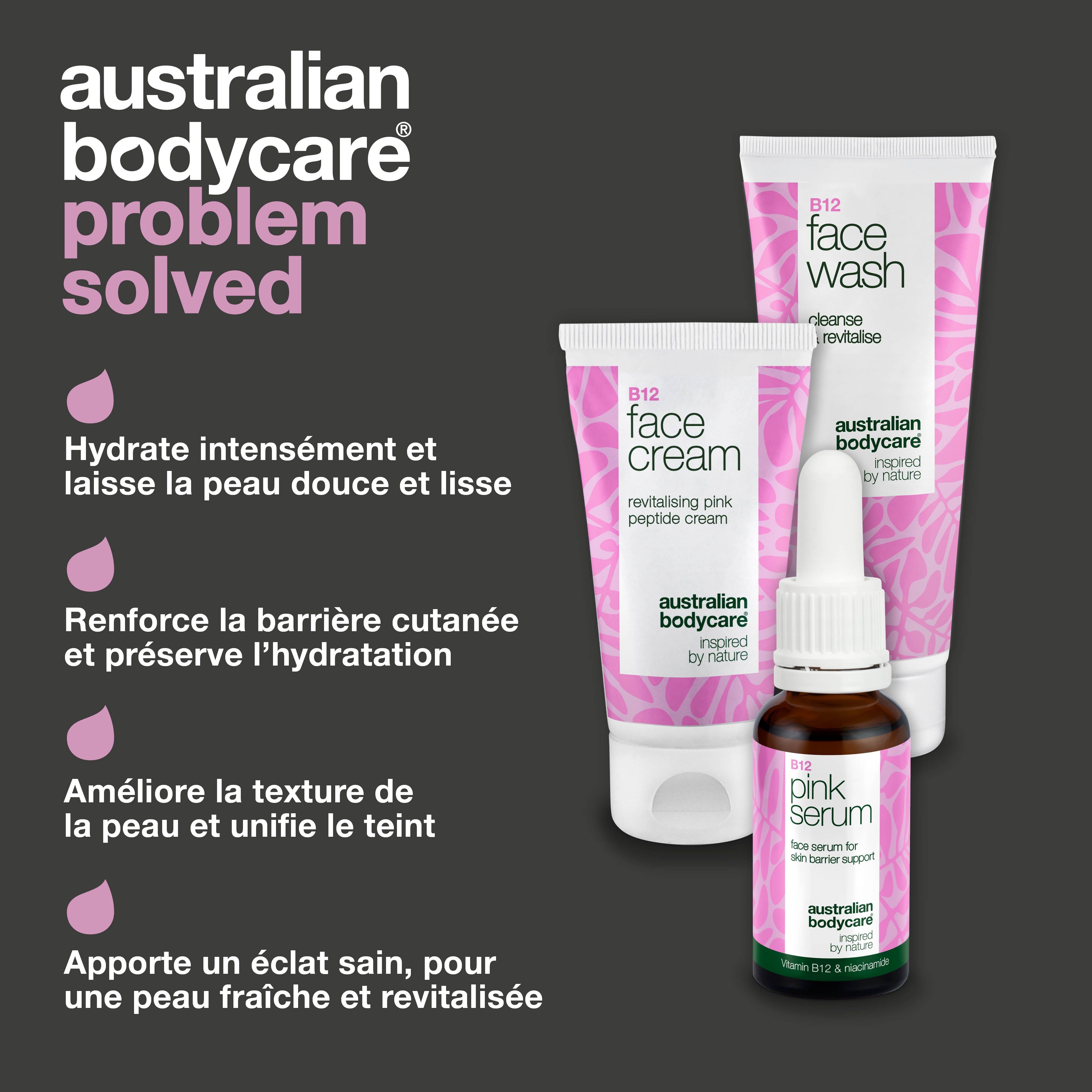 Ensemble de produits avec Face Wash, crème et sérum. Texte: Hydrate, lisse, unifie le teint. Marque: Australian Bodycare.