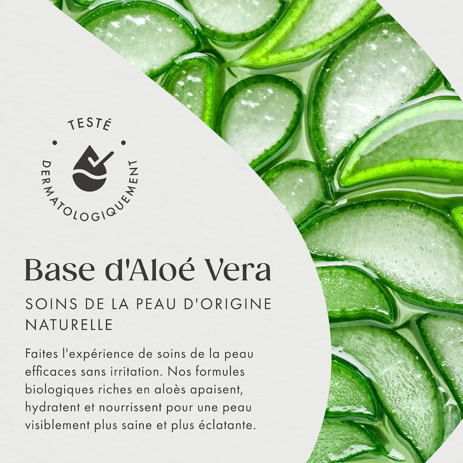 Gros plan de tranches d'aloe vera. Texte : Base d'Aloe Vera, testé dermatologiquement.