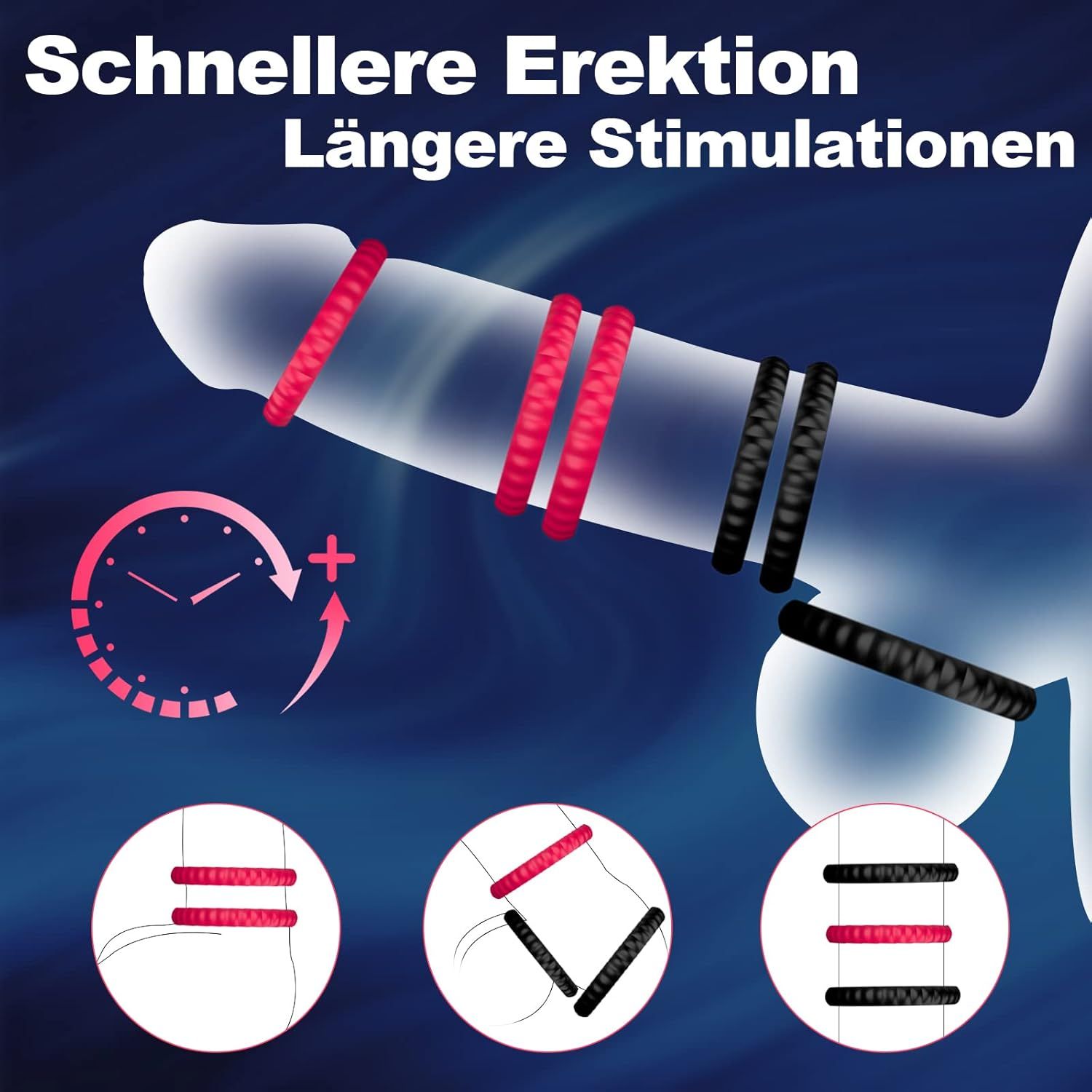 Drie elastische rode en zwarte ringen op een penis. Kleine cirkels tonen verschillende gebruiksmogelijkheden.