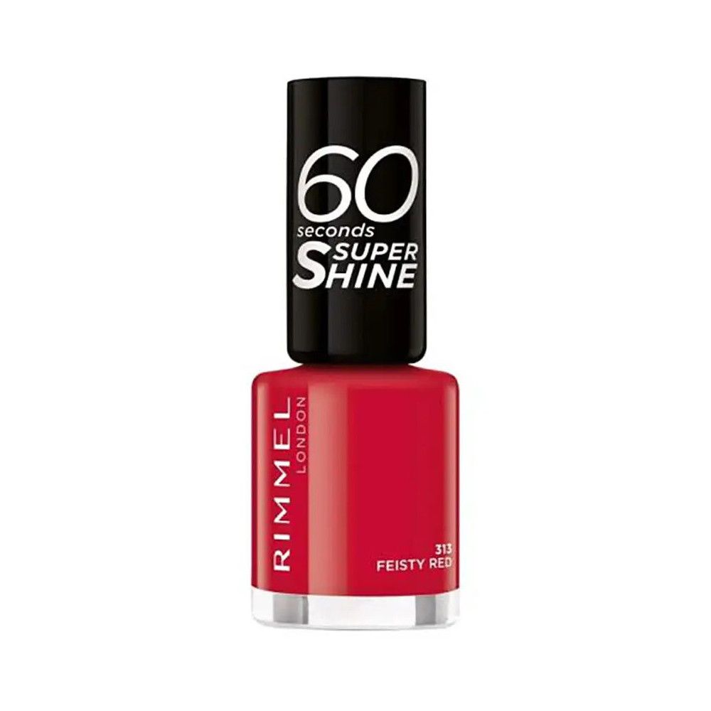 Flacon de vernis à ongles rouge avec bouchon noir. Le bouchon porte la mention "60 secondes Super Shine". Le flacon porte la mention "Rimmel London" et "313 Feisty Red".