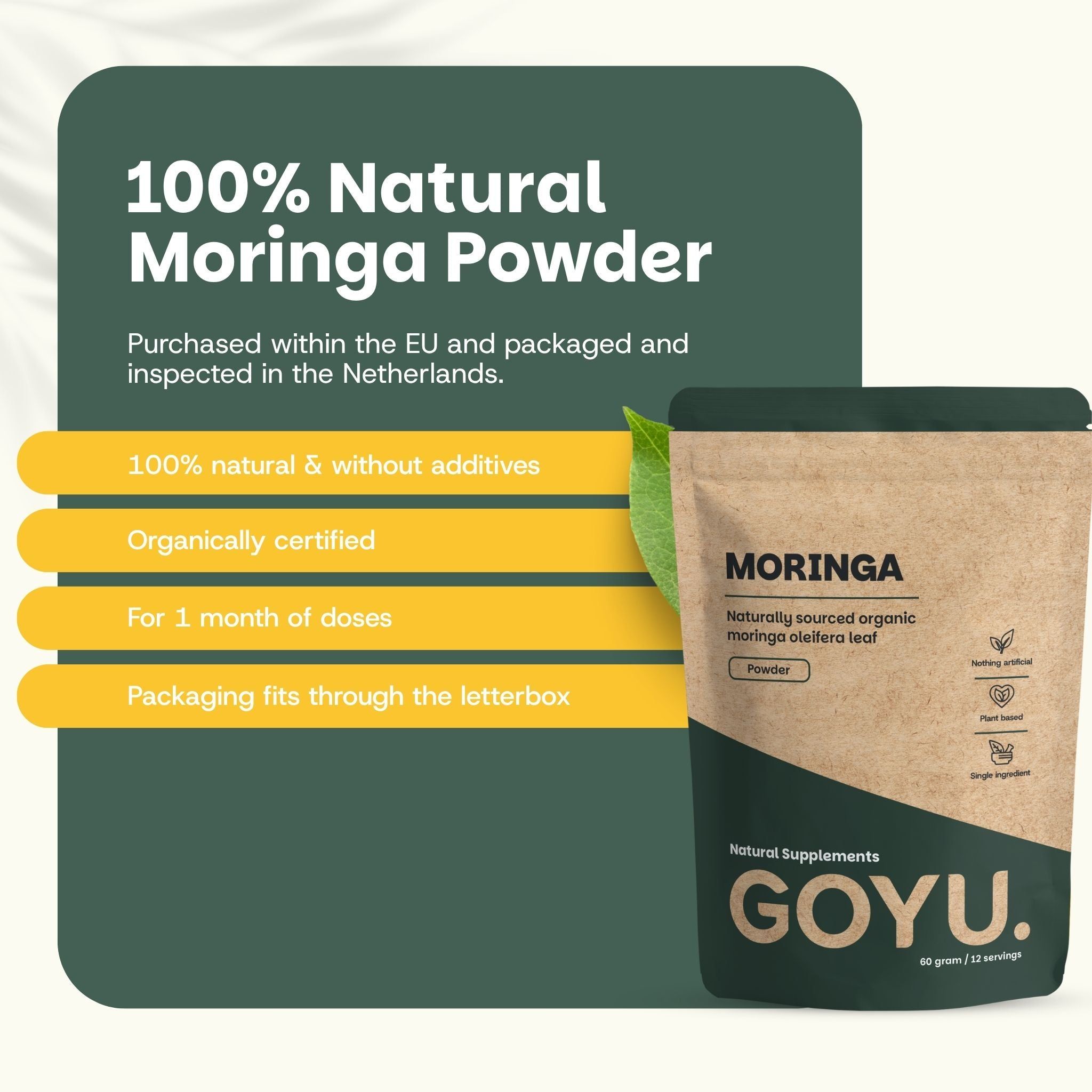 Poudre de Moringa 100% naturelle : achetée UE, emballée NL, 1 mois de doses.
