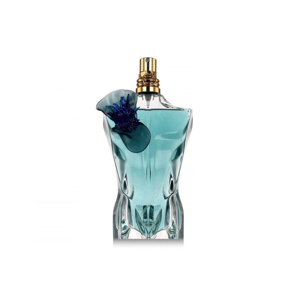 Flacon turquoise en forme de torse avec ornement floral bleu. Tête de pulvérisation dorée.