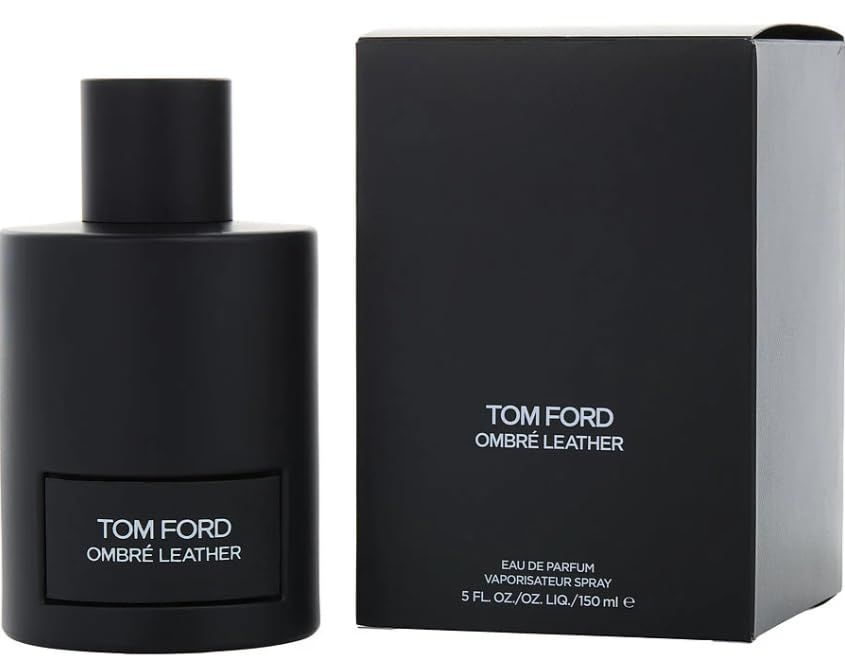 Zwarte fles en verpakking met opschrift TOM FORD OMBRÉ LEATHER. Cilindrische fles, rechthoekige verpakking.
