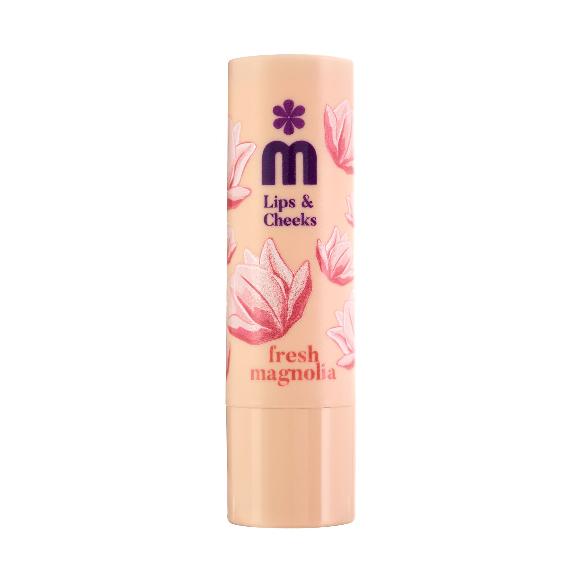 Baume pour lèvres et joues fermé. Étui beige avec motif de fleurs de magnolia. Texte: Lips & Cheeks, fresh magnolia. Logo violet.