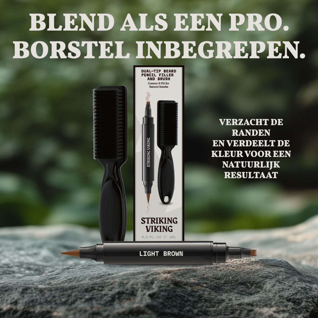 Baardstiftvuller lichtbruin, met borstel, liggend op stenen.