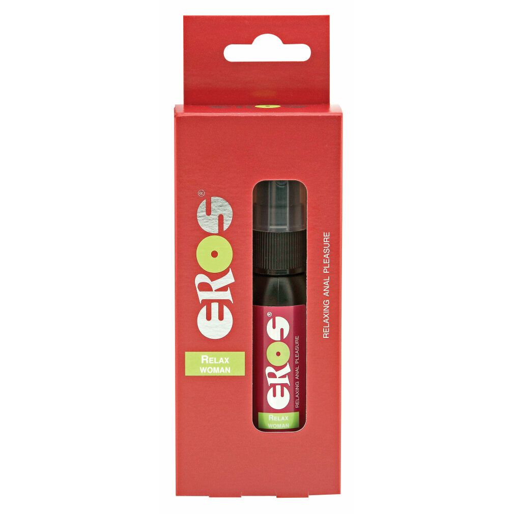 Emballage rouge avec produit. Visible : flacon avec vaporisateur, nom du produit et logo. Texte : EROS, Relax Woman, Relaxing Anal Pleasure.