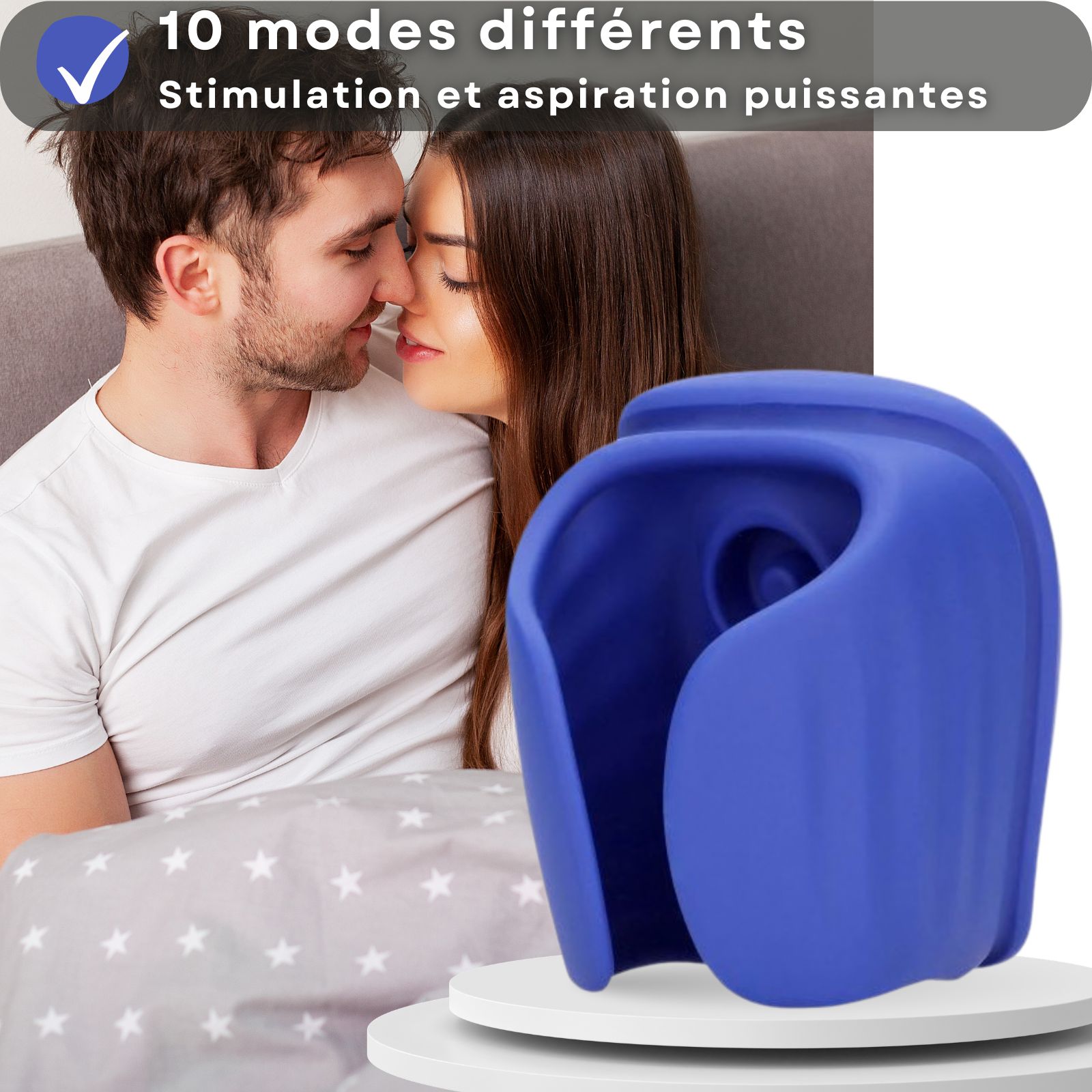 Produit bleu avec texte. 10 modes, forte stimulation. Couple au lit.