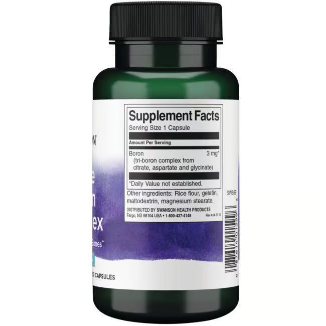 Dos de la bouteille verte. Étiquette avec informations nutritionnelles: Bore, 3 mg. Ingrédients: farine de riz, gélatine, maltodextrine, stéarate de magnésium.
