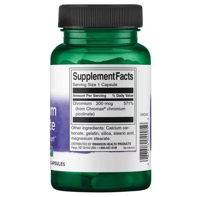 Dos d'une bouteille verte. Étiquette avec informations nutritionnelles: Chrome 200 mcg. Contient Chromax, picolinate de chrome. Ingrédients.