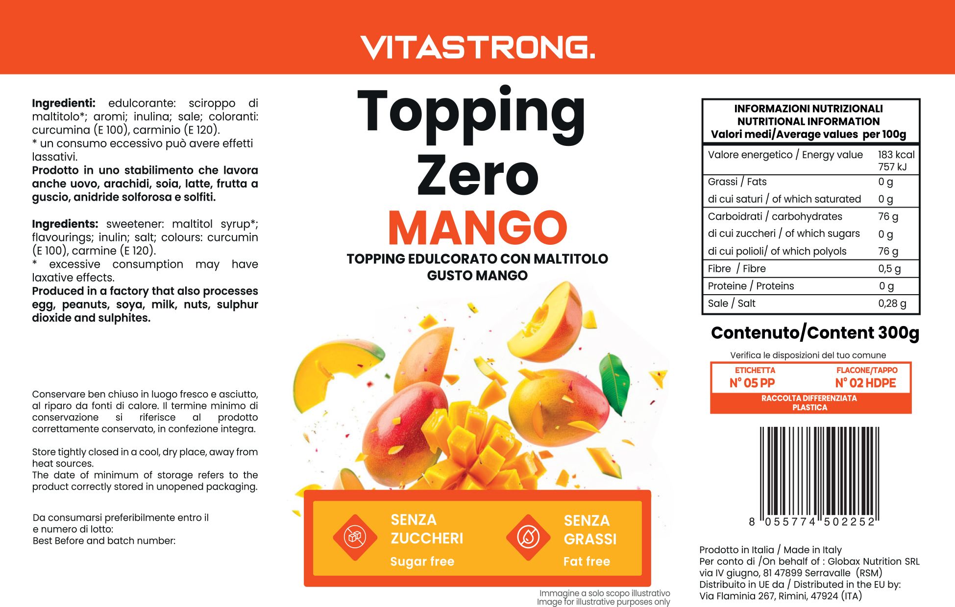 Vitastrong Topping Zero Mango. Verpakking met product- en voedingsinformatie. Illustratie van mango's.