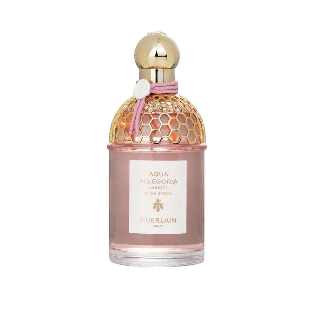 Parfumfles met gouden dop, roze vloeistof en roze lint. Opschrift: Aqua Allegoria Harvest Rosa Rossa, Guerlain.