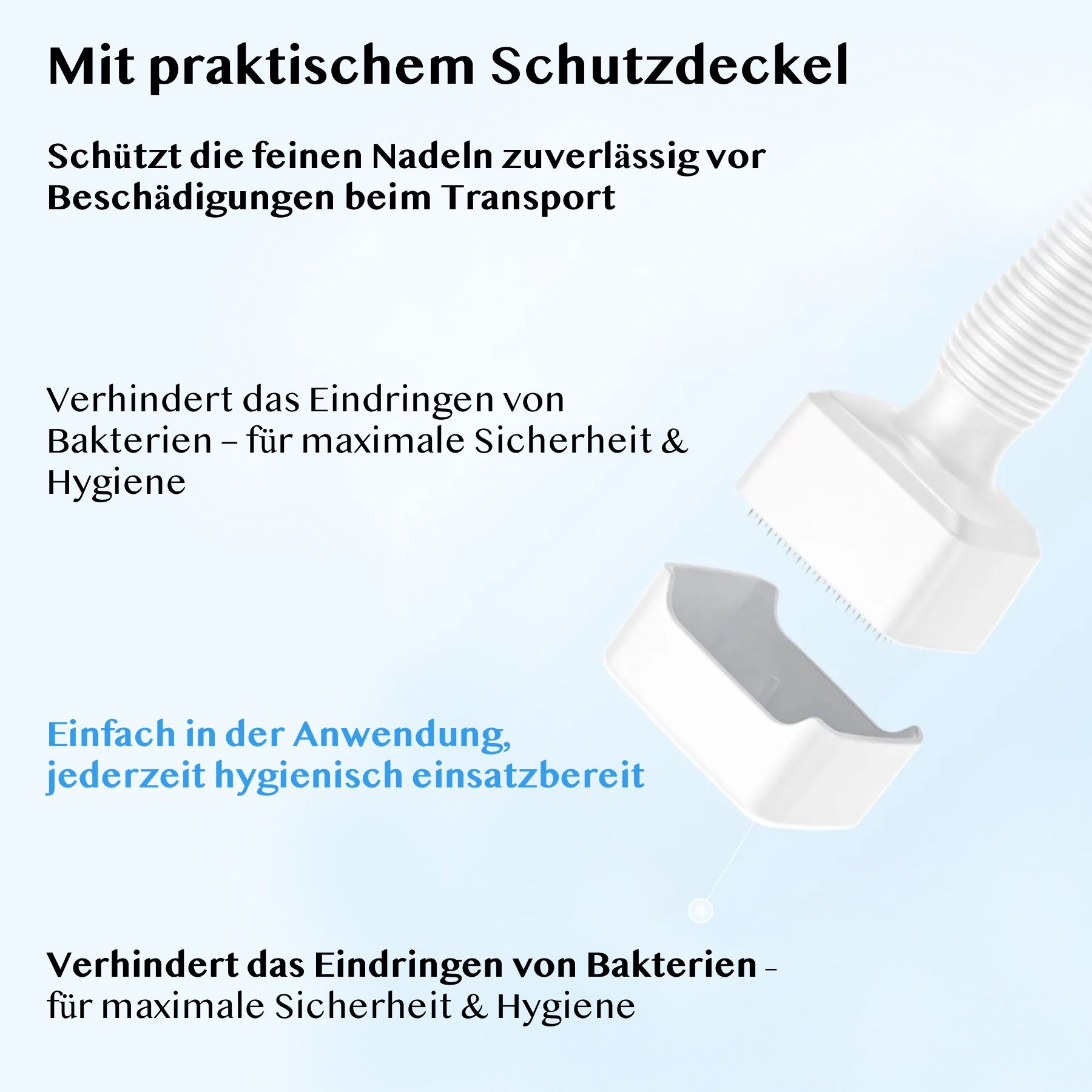 Derma Stamp met beschermkap. Tekst: Beschermt de fijne naalden. Hygiënisch klaar voor gebruik.