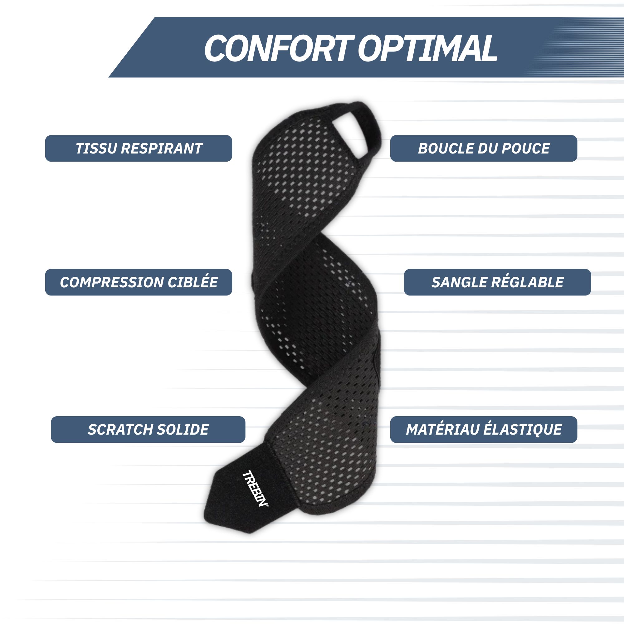 Bandage de poignet noire avec boucle pour le pouce, sangle réglable et compression.