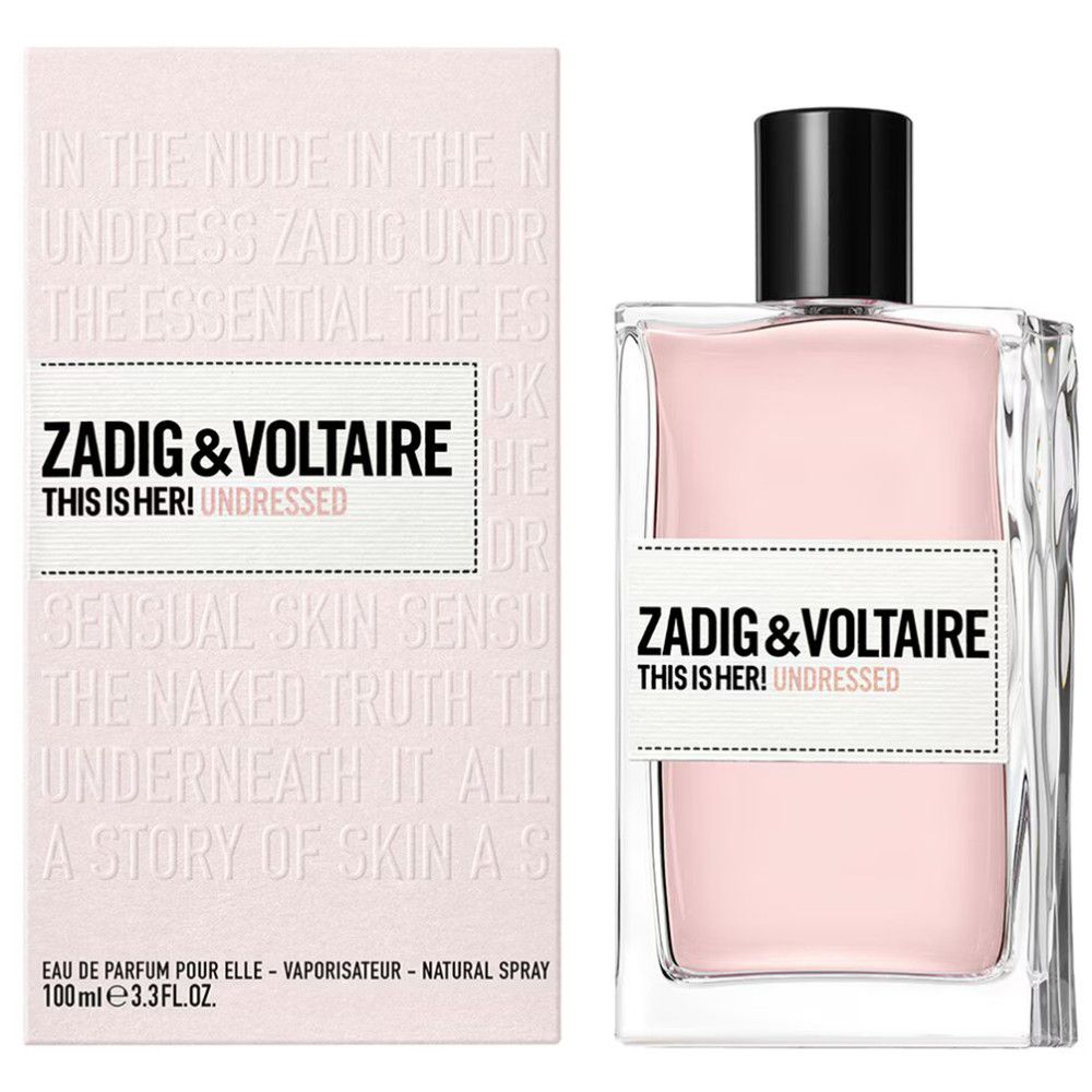 Zadig & Voltaire This Is Her! Undressed Eau de Parfum. Roze fles met zwarte dop. Verpakking.