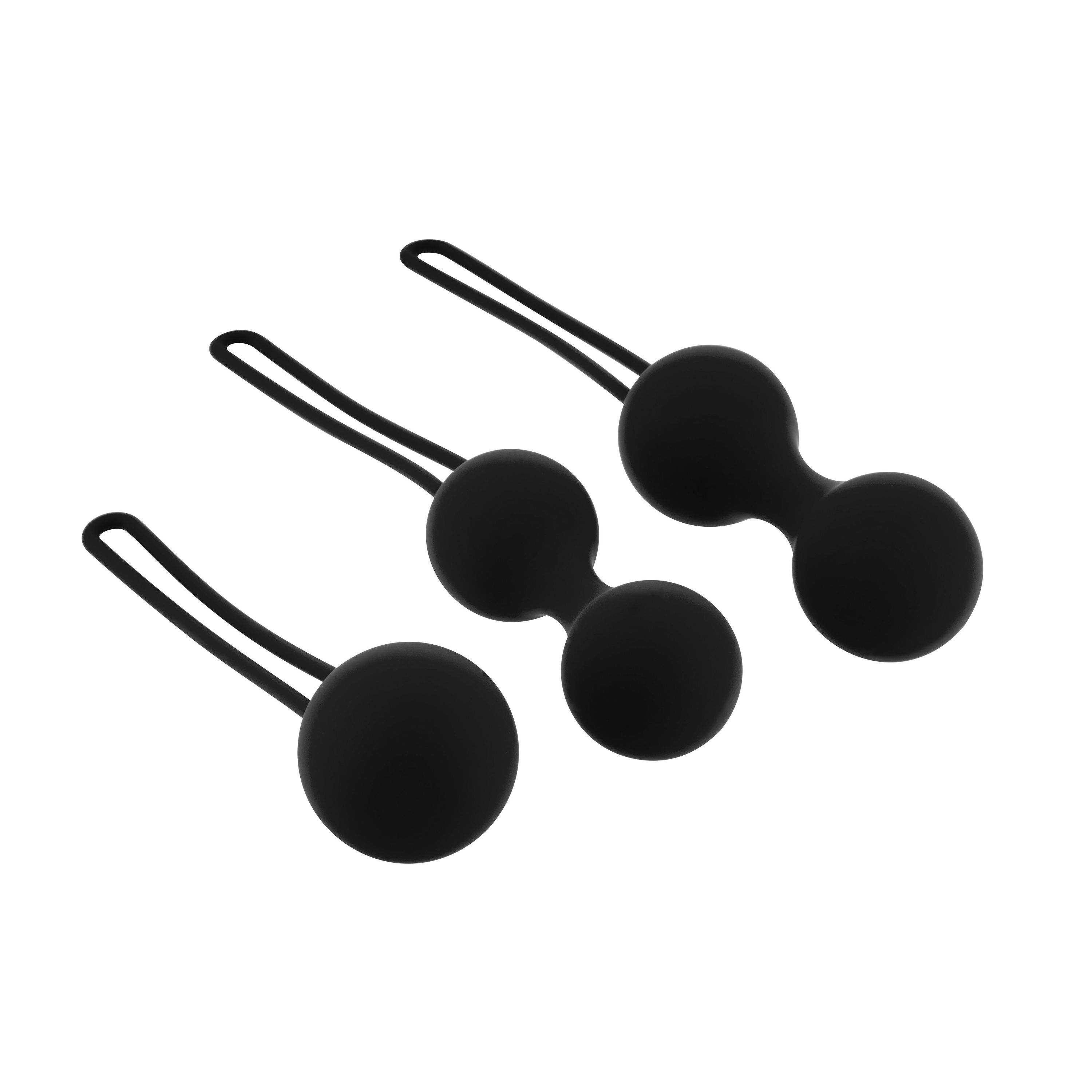 Trois boules noires avec des boucles. Les boules sont de différentes tailles.