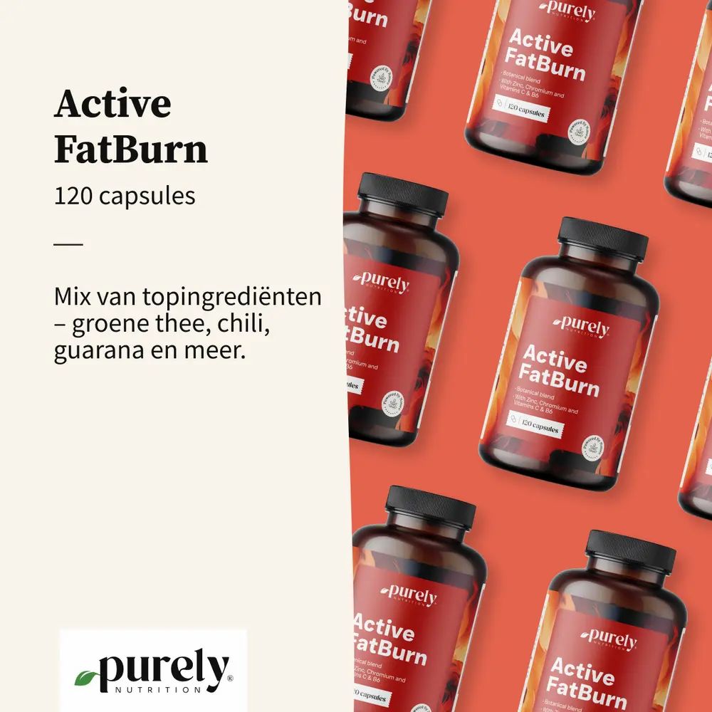 Meerdere potten 'Active FatBurn' op rode achtergrond. Links: 'Active FatBurn', 120 capsules, botanische mix.