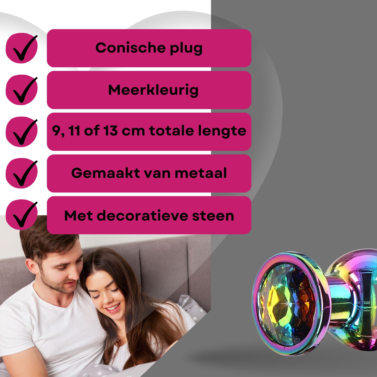 Kenmerken: Conische plug, meerkleurig, 9-13 cm, metaal, decoratieve steen.