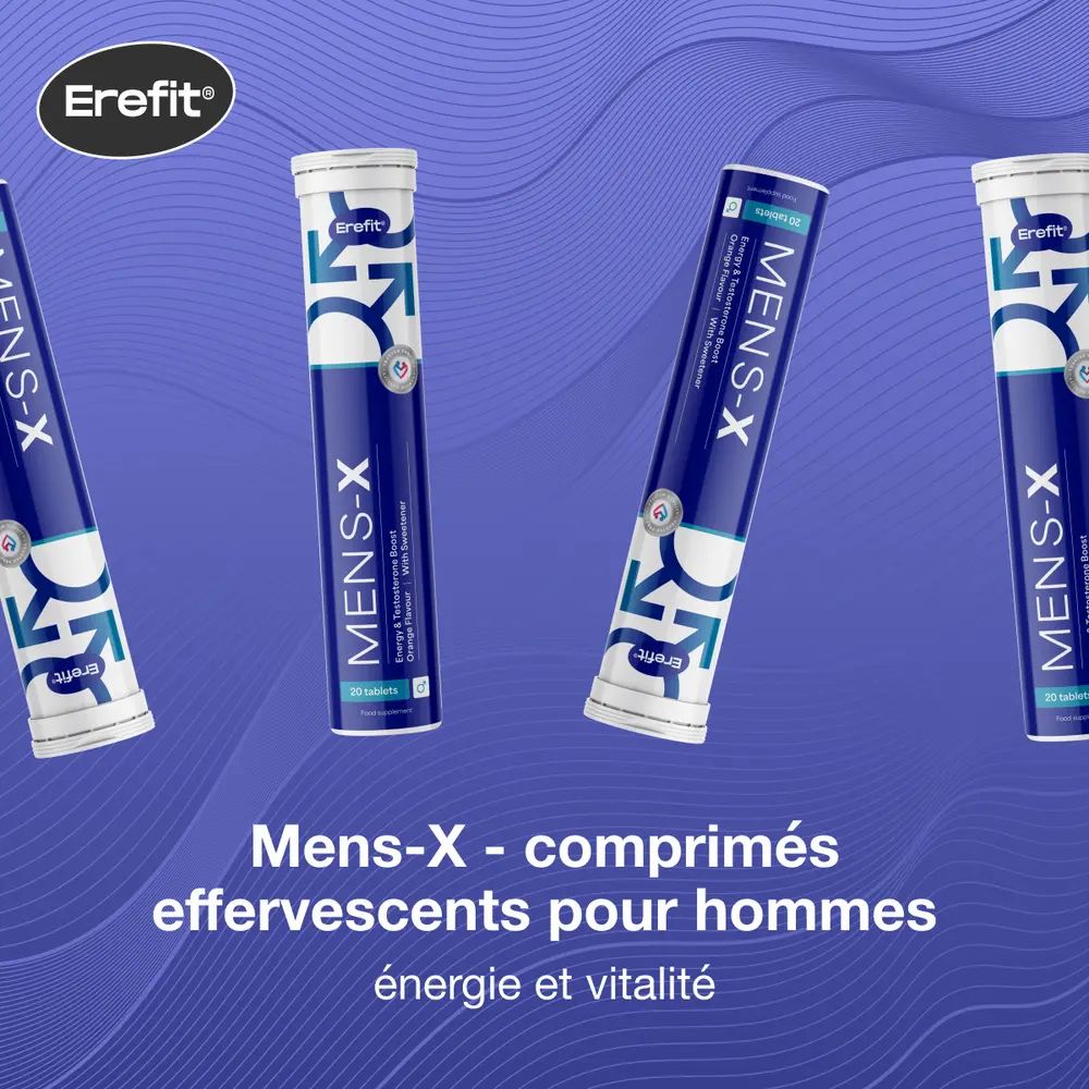 Plusieurs tubes MENS-X. Texte: Comprimés effervescents pour hommes. Marque: Erefit.