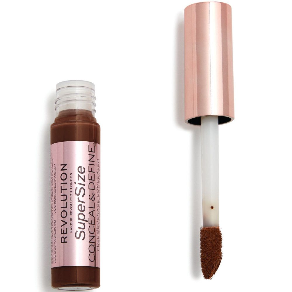 Flacon de correcteur avec bouchon or rose et applicateur. Inscription: Super Size Conceal & Define.