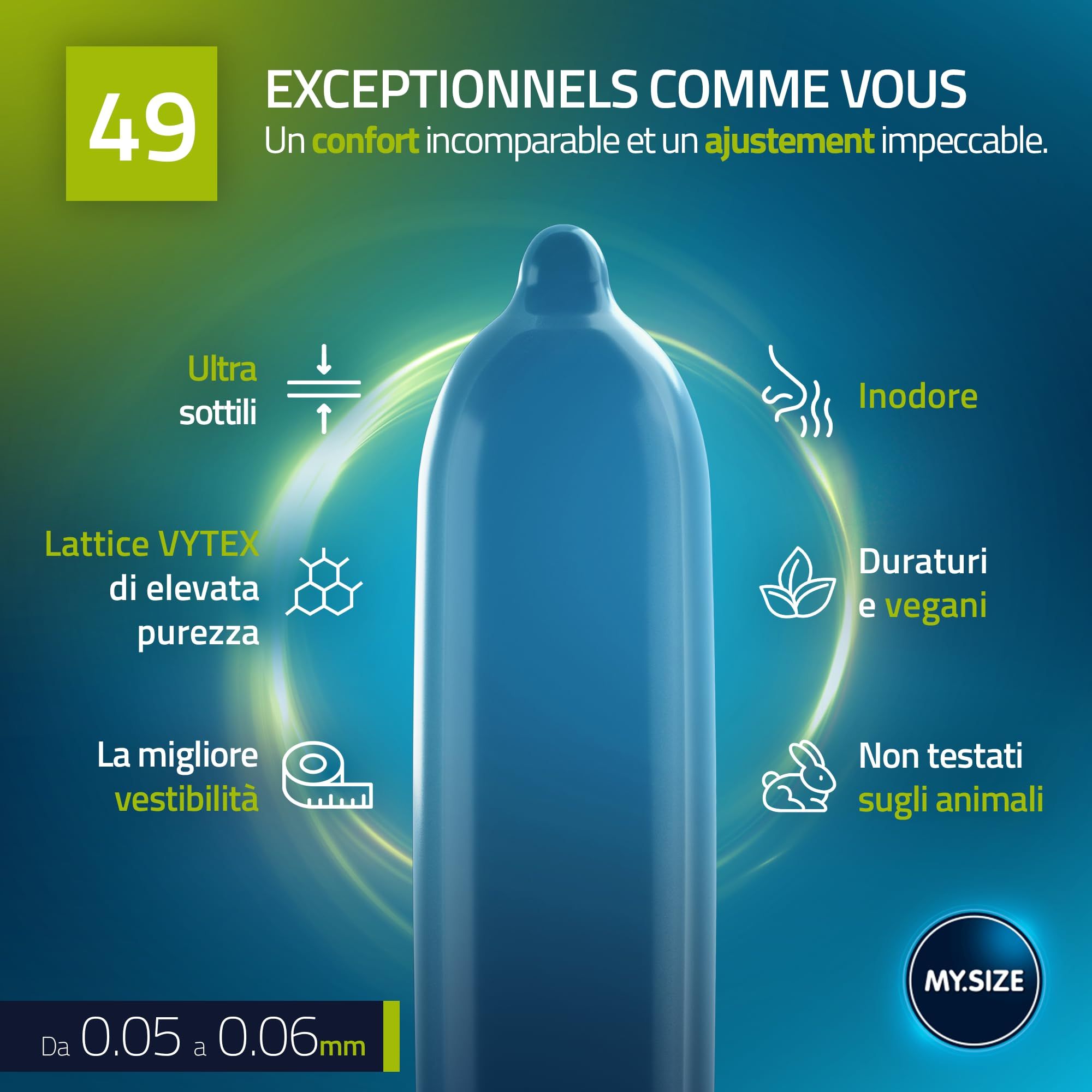 Préservatif My.Size PRO, 49mm. Fin, sans latex, vegan, non testé sur animaux.