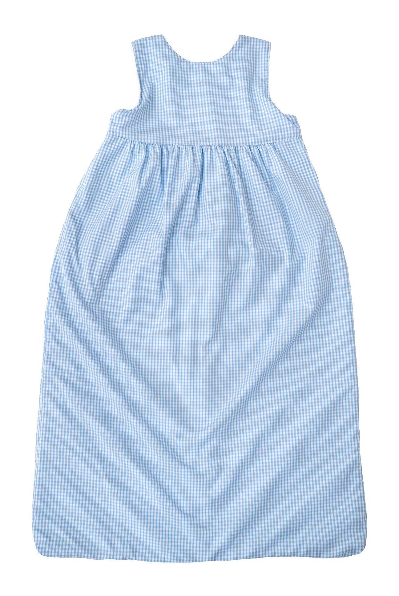 Blauw geruite slaapzak. Katoenen stof. Ronde hals. Zonder rits.