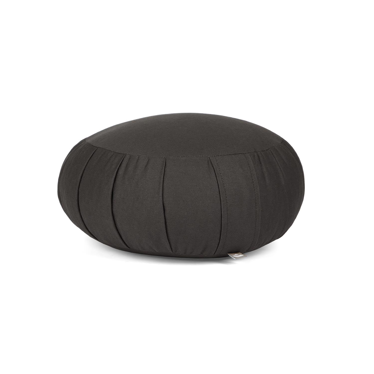 Coussin de méditation Zafu noir, rond. Plis latéraux. Petite étiquette.